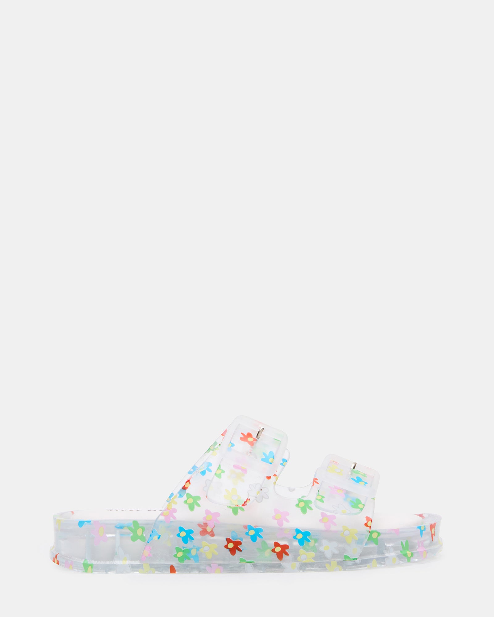Top view of kids flatform slide sandals with floral design