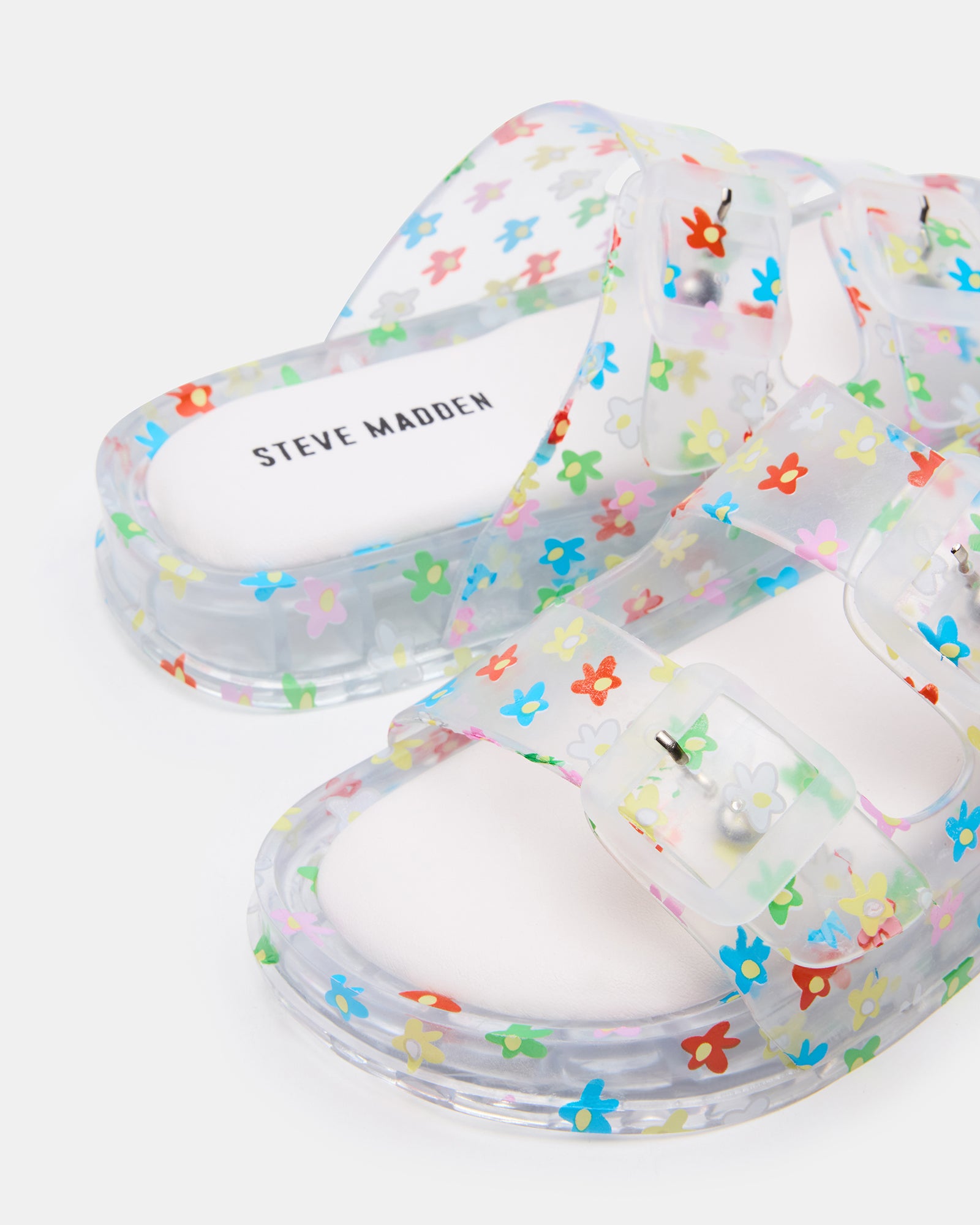 Top view of kids flatform slide sandals with floral design