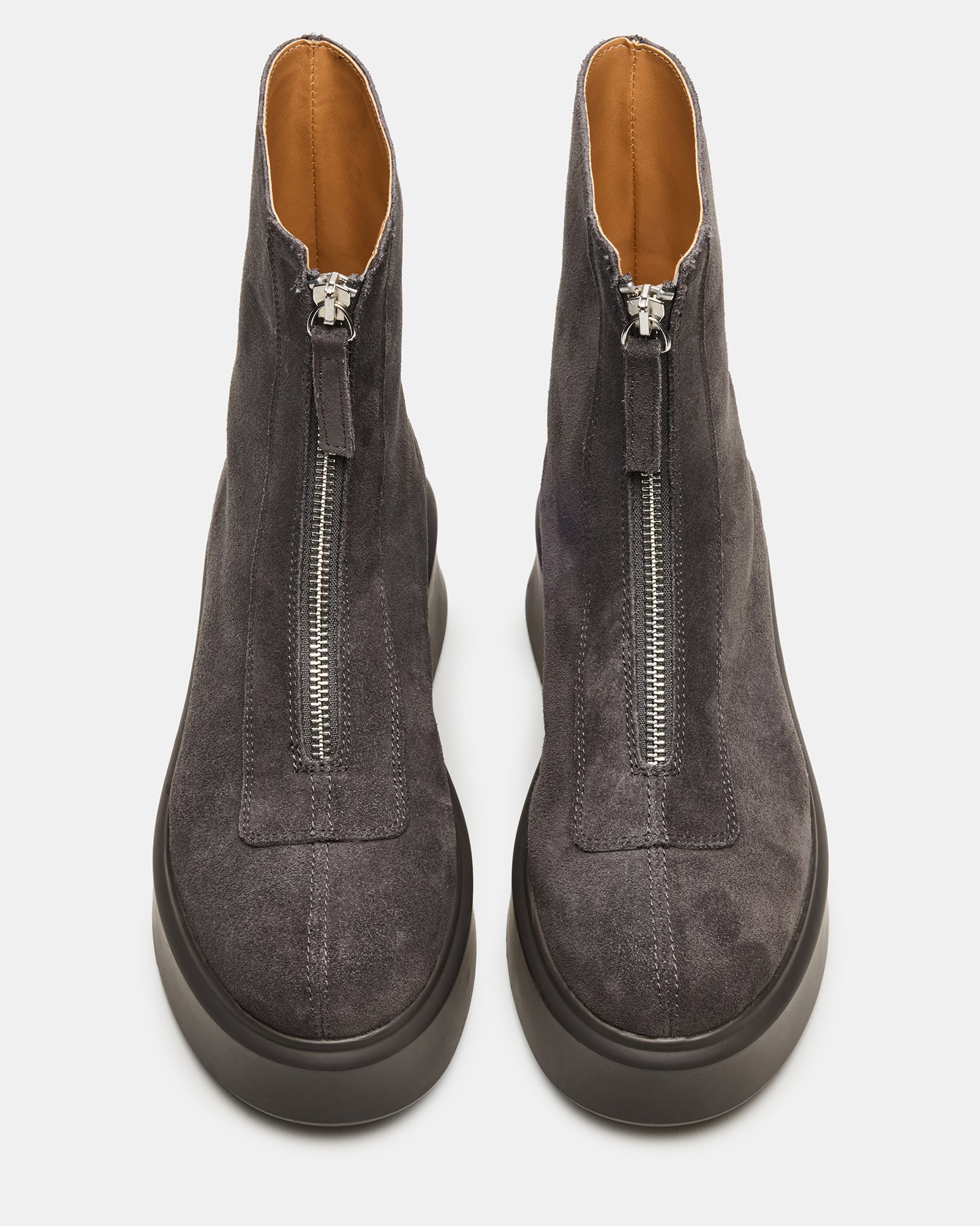 Elegant grey suede ankle boots showcasing the front zipper.