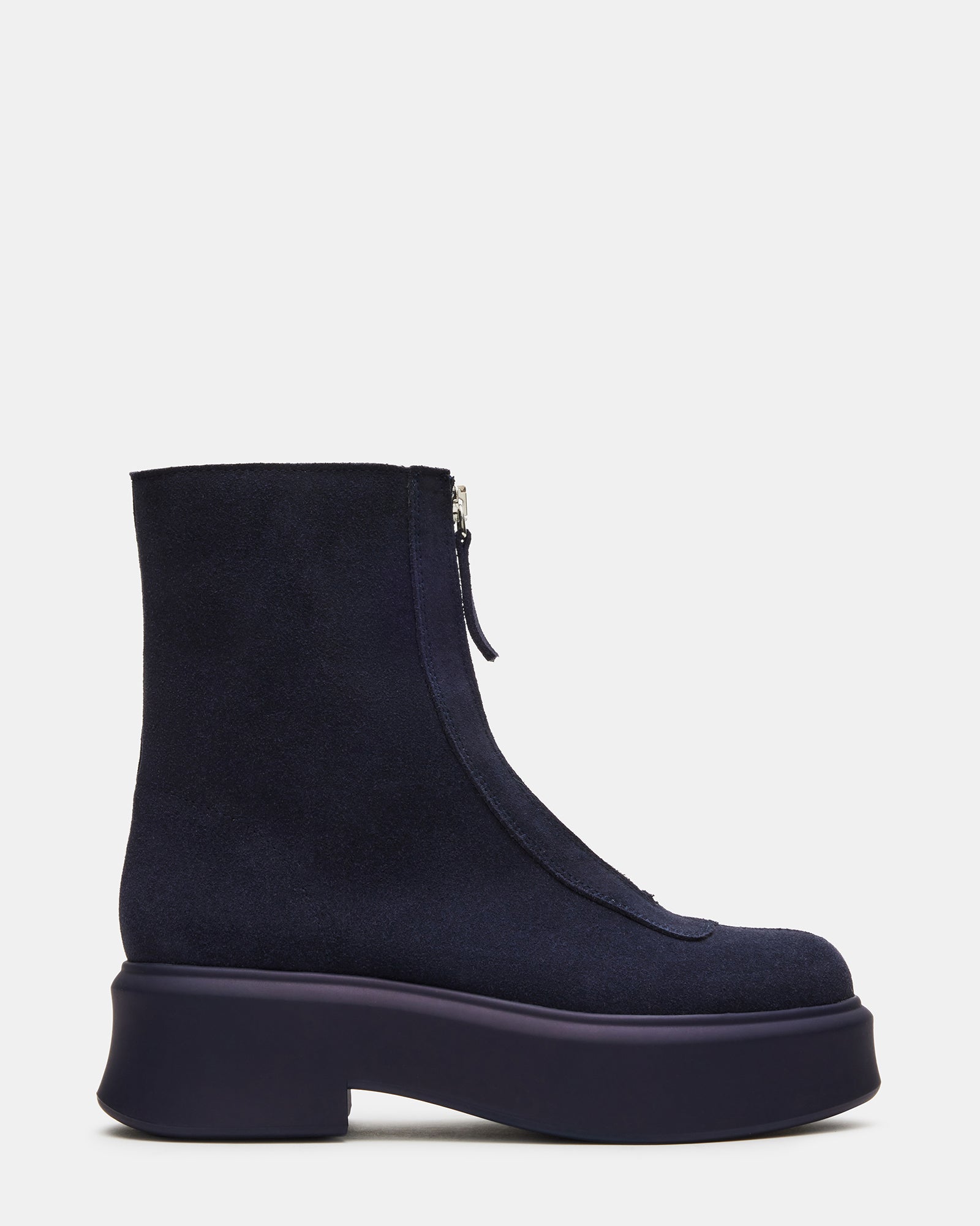 Side view of navy suede ankle boots showcasing sleek design.