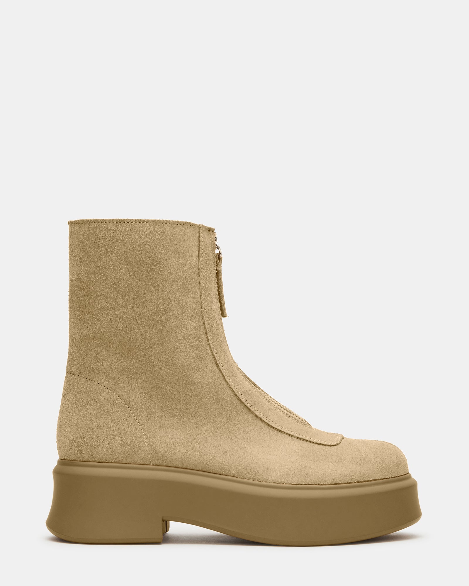 Side view of JONES tan suede ankle boots showcasing the heel and zipper detail