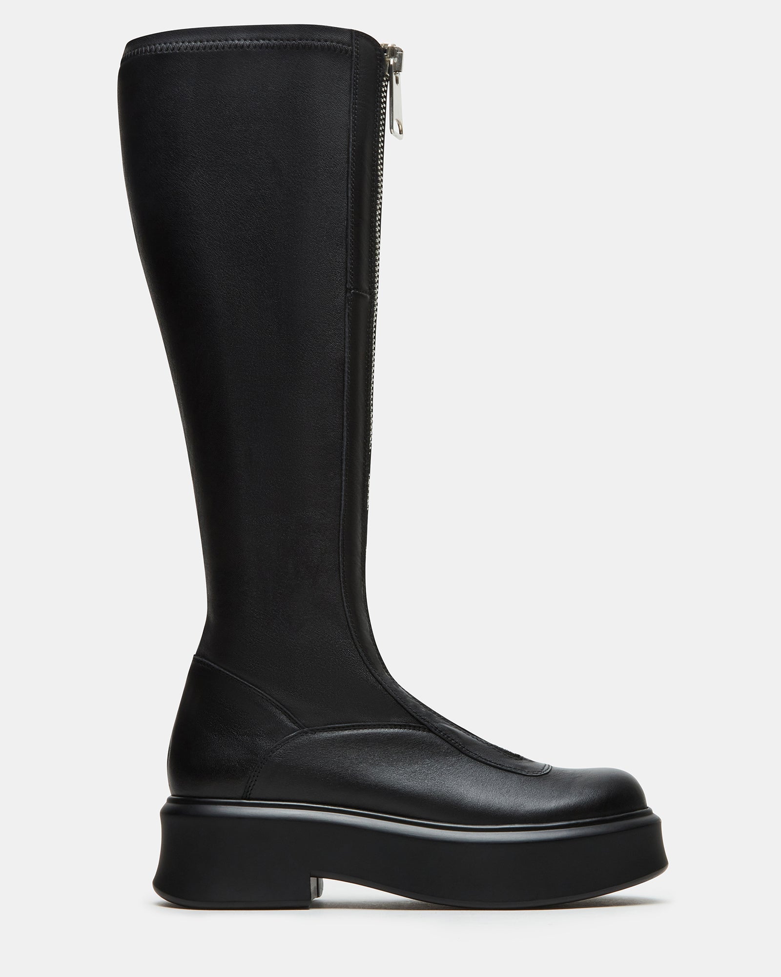 Side view of stylish knee-high black boots with zipper detail.