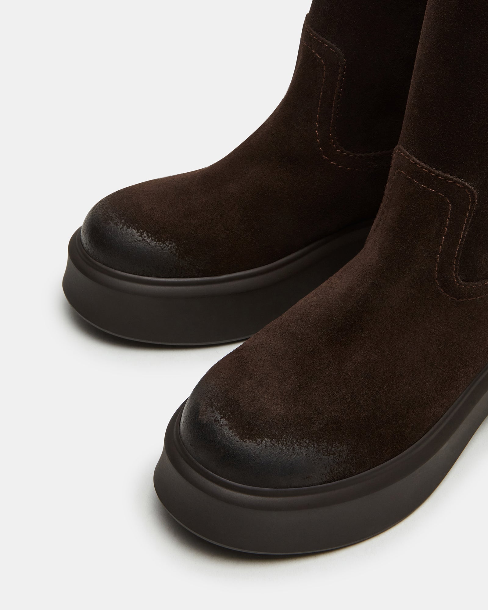 Close-up of lug sole and suede texture on womens ankle boots