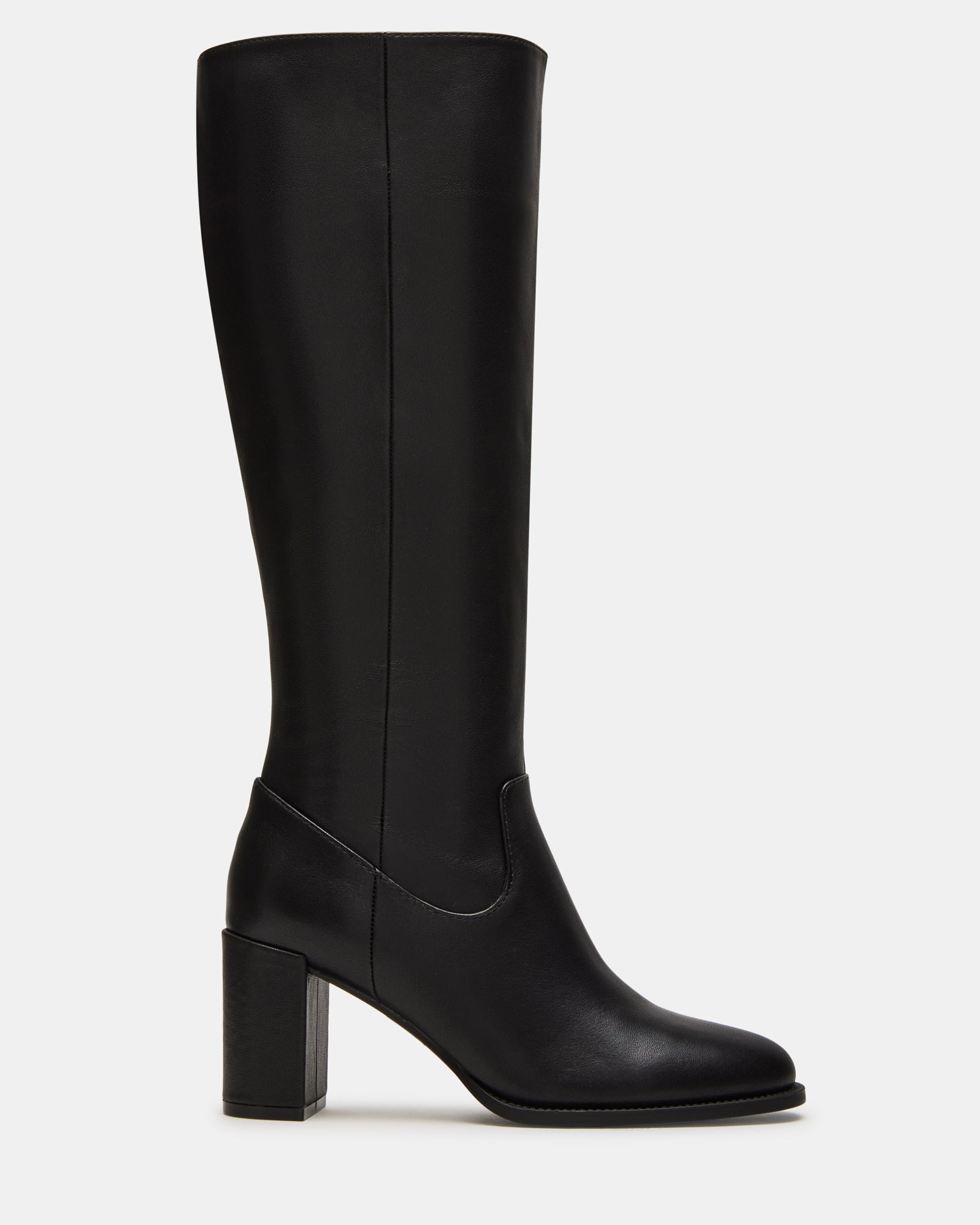 Side view of Jovana black leather knee-high block heel boots for women.