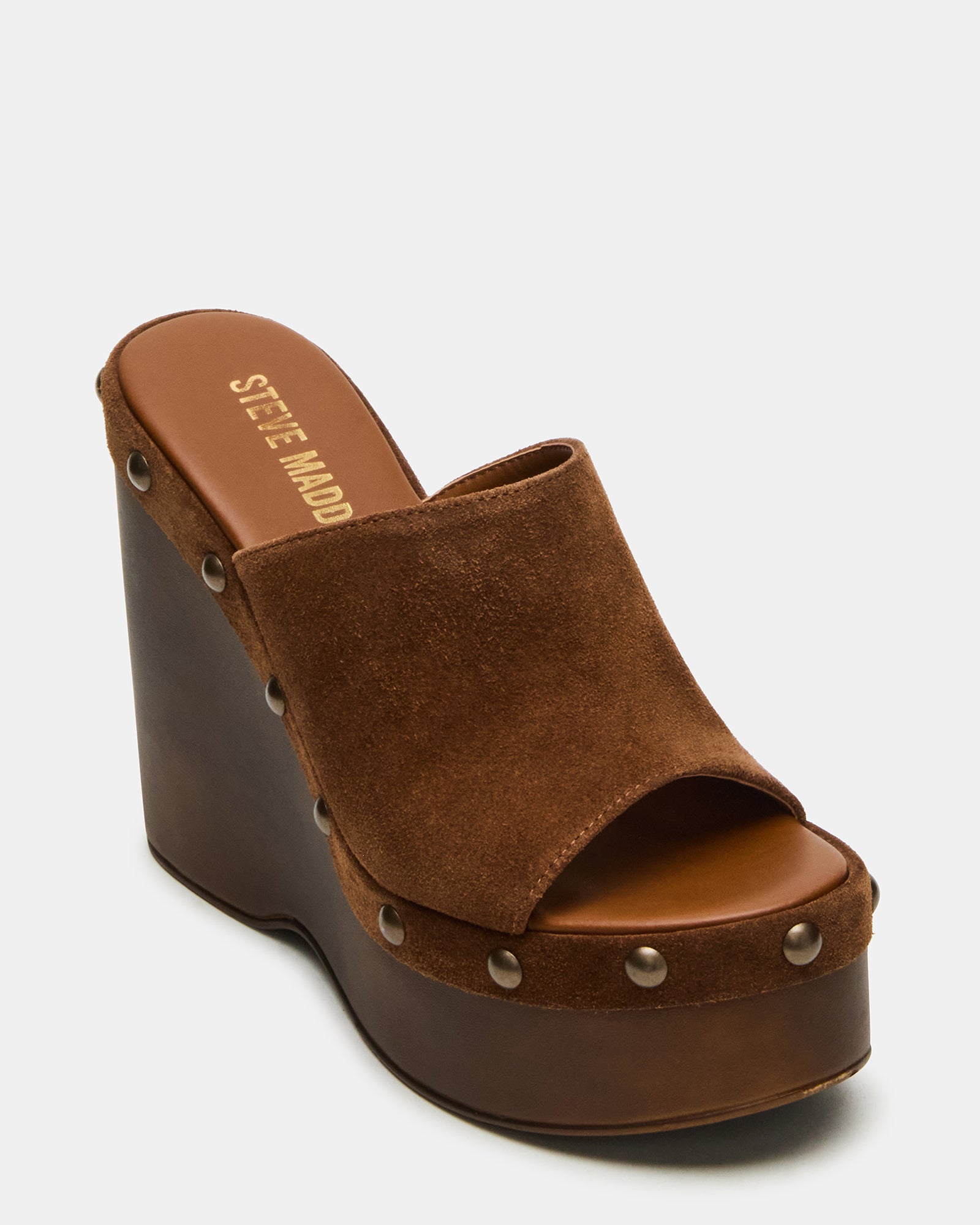 Close-up of wedge sandals showing stud details and platform design