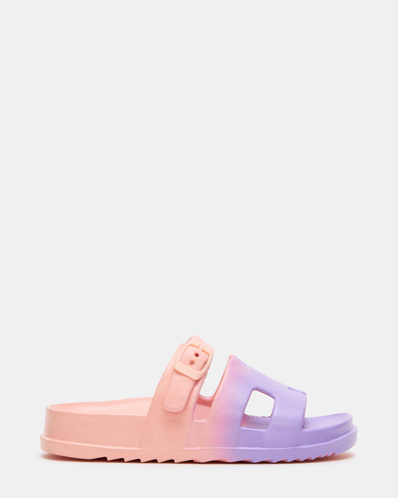 Kids' coral slide sandals from a side angle, showcasing the flatform sole.