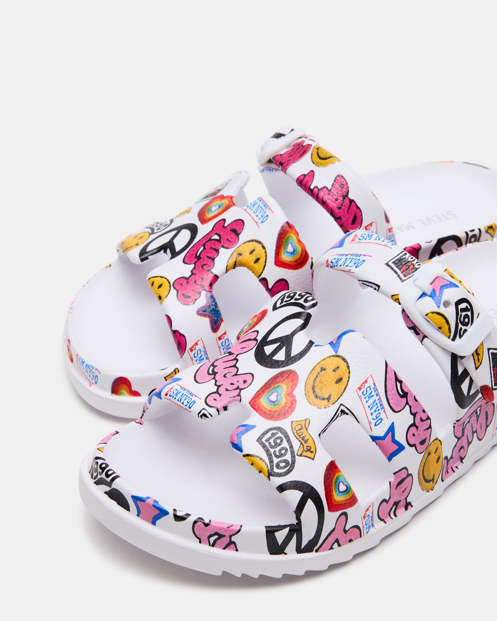 Stylish Spirit White Multi slide sandals displayed on a colorful background