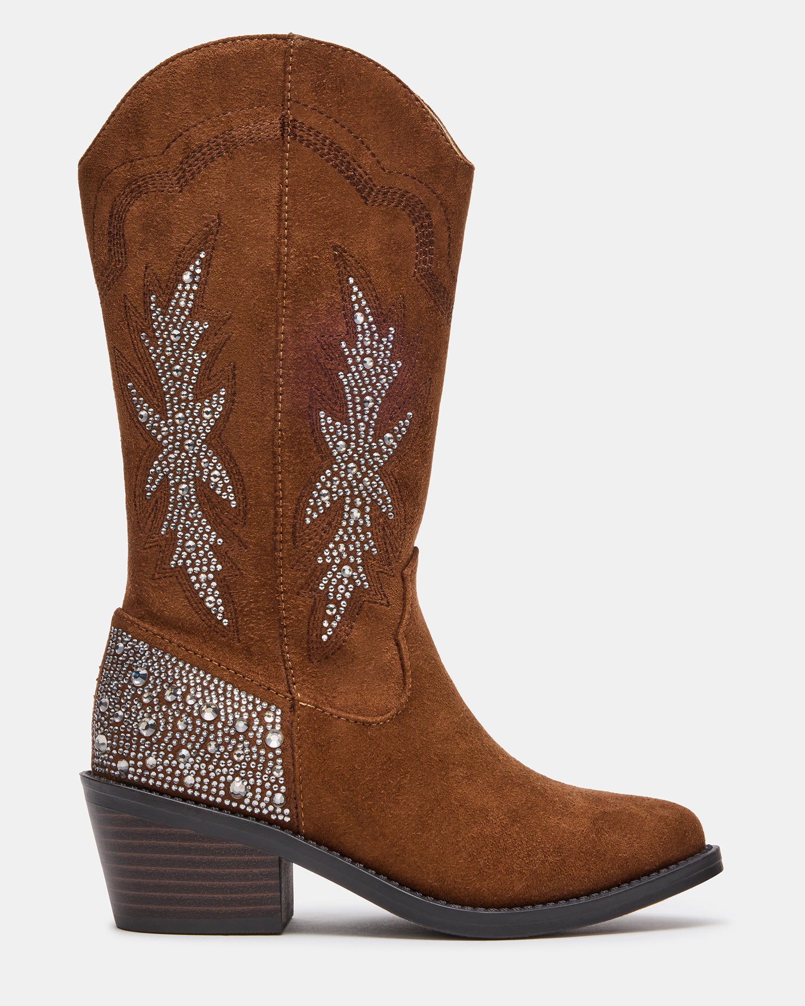 Close-up of kids' cowgirl boots featuring rhinestone details.