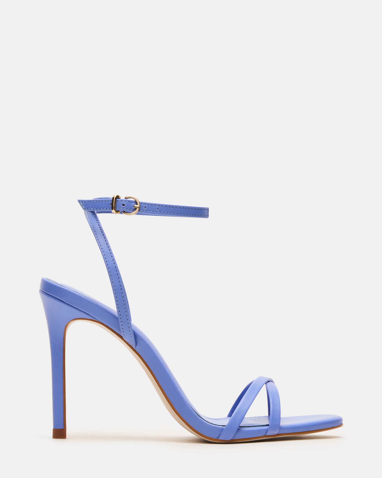 Elegant blue stiletto heels with a strappy design and ankle strap.