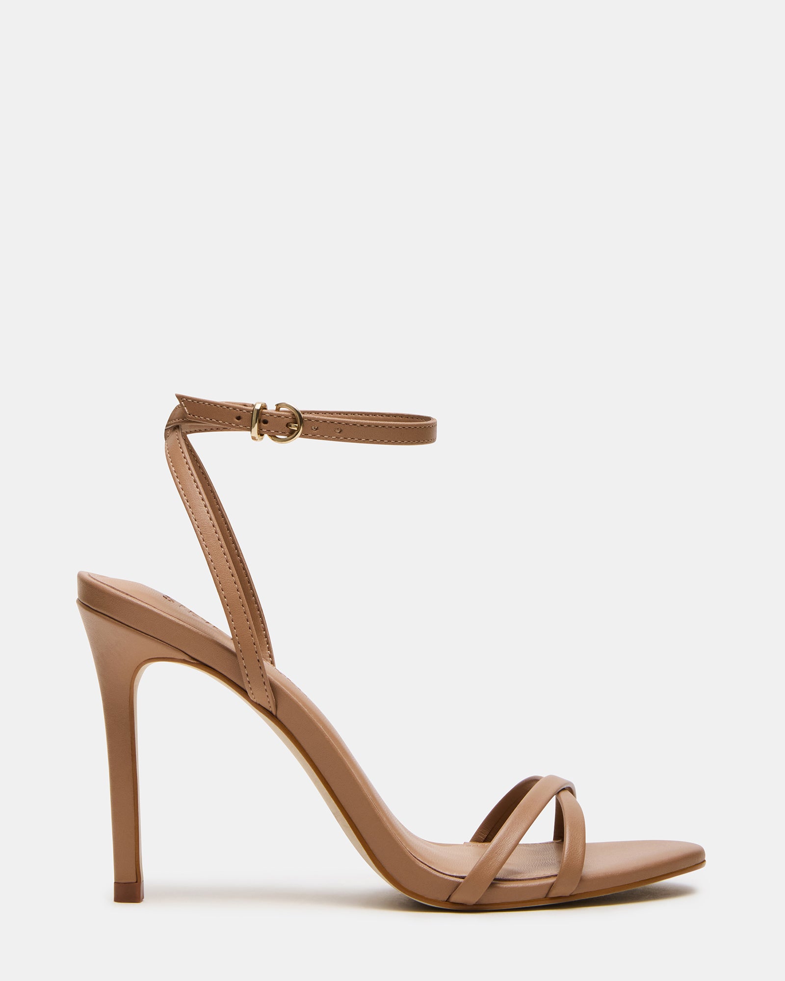 Elegant tan leather stiletto heels showcasing the strappy design and ankle strap.