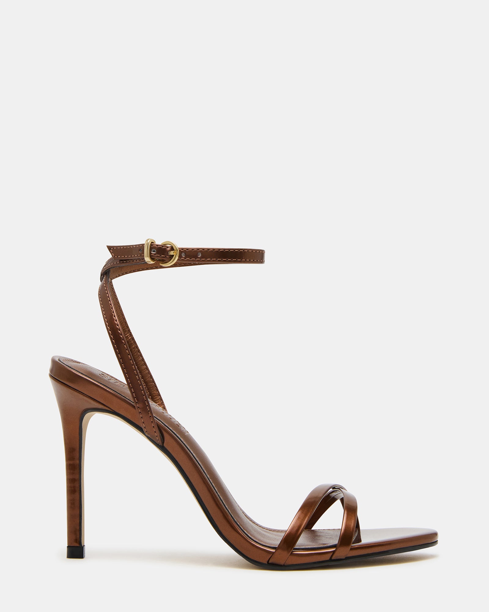 JYPSEY gold stiletto heels front view, showcasing strappy design