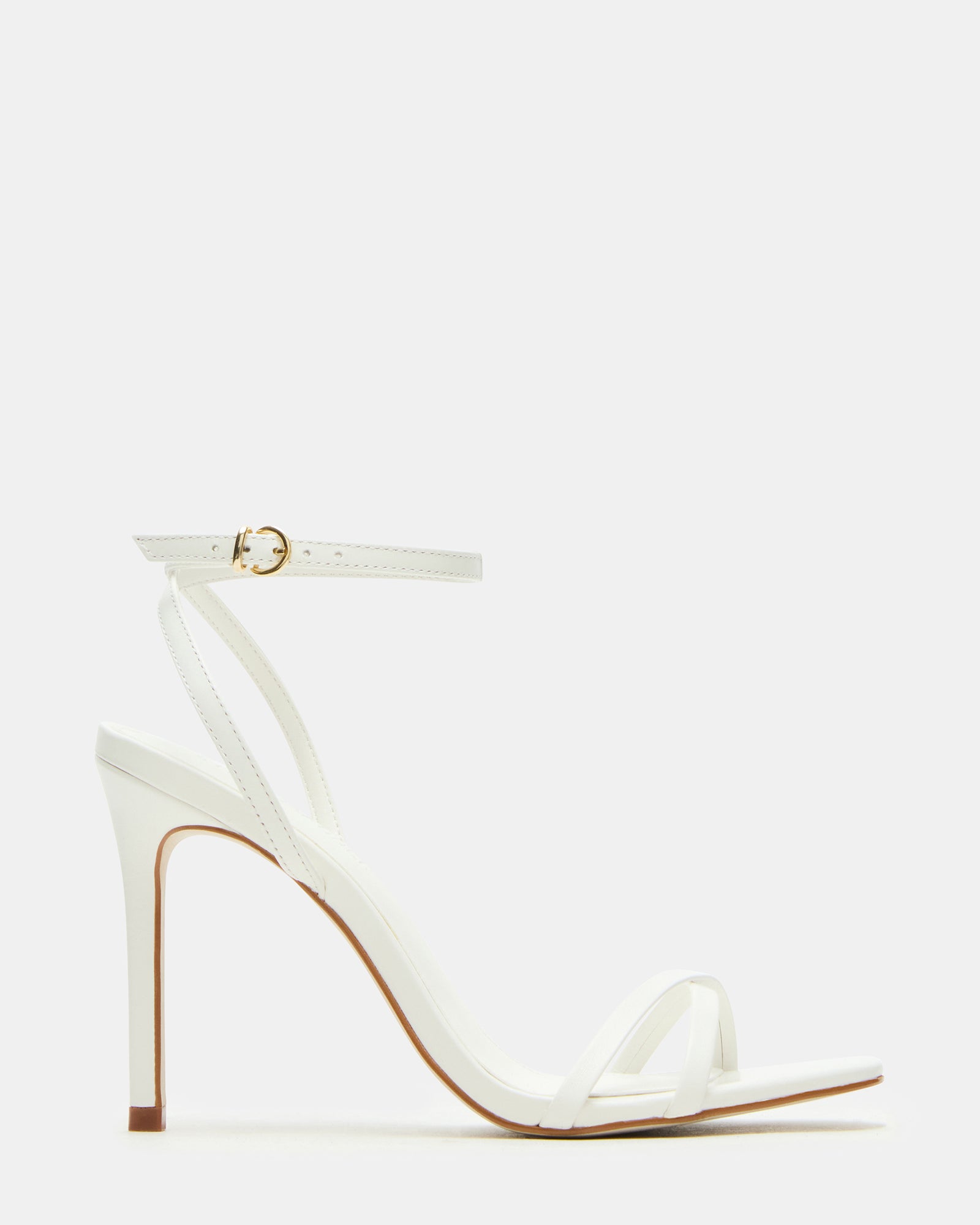 JYPSEY white leather stiletto heels front view, showcasing strappy design