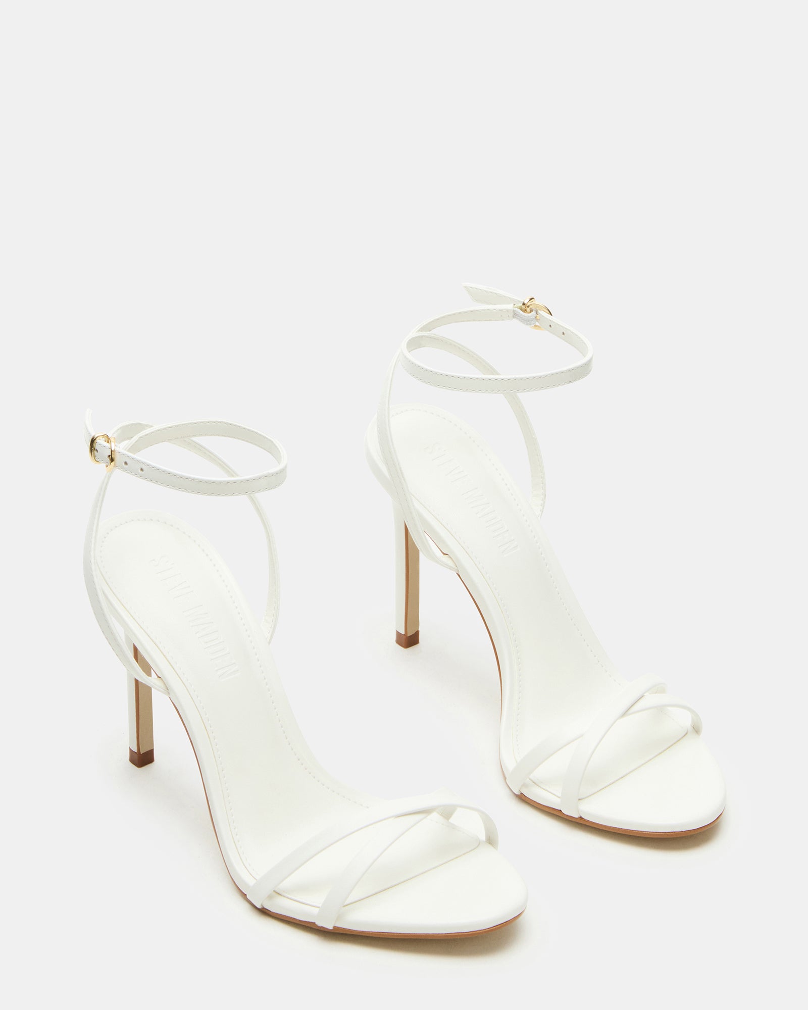 Close-up of ankle strap detail on these sleek leather heels