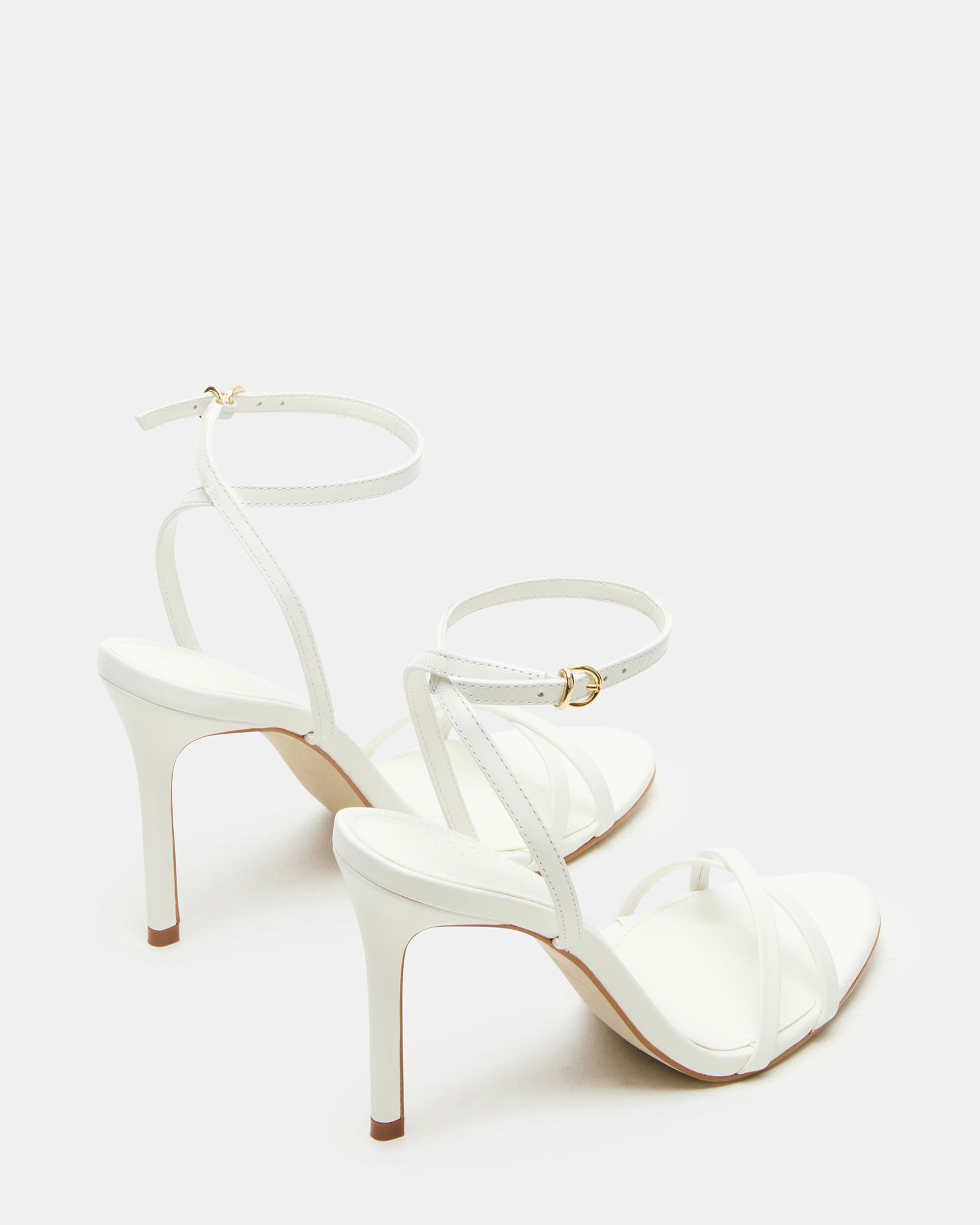 Close-up of ankle strap detail on these sleek leather heels