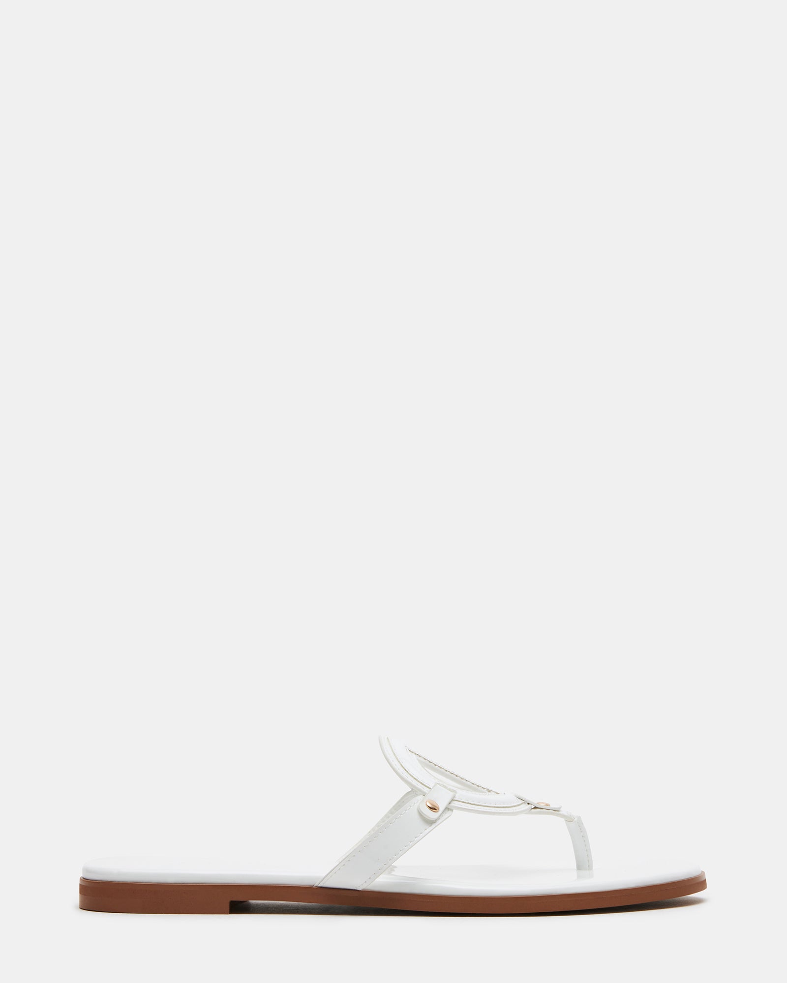 Front view of KADE white patent thong sandals highlighting the sleek design