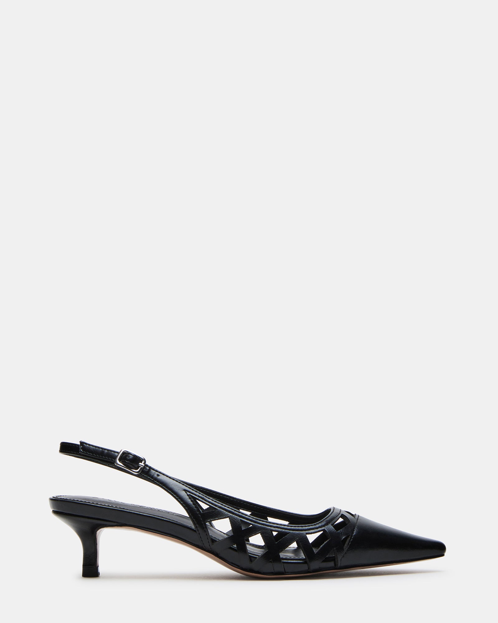Close-up of pointed-toe black kitten heel with slingback design