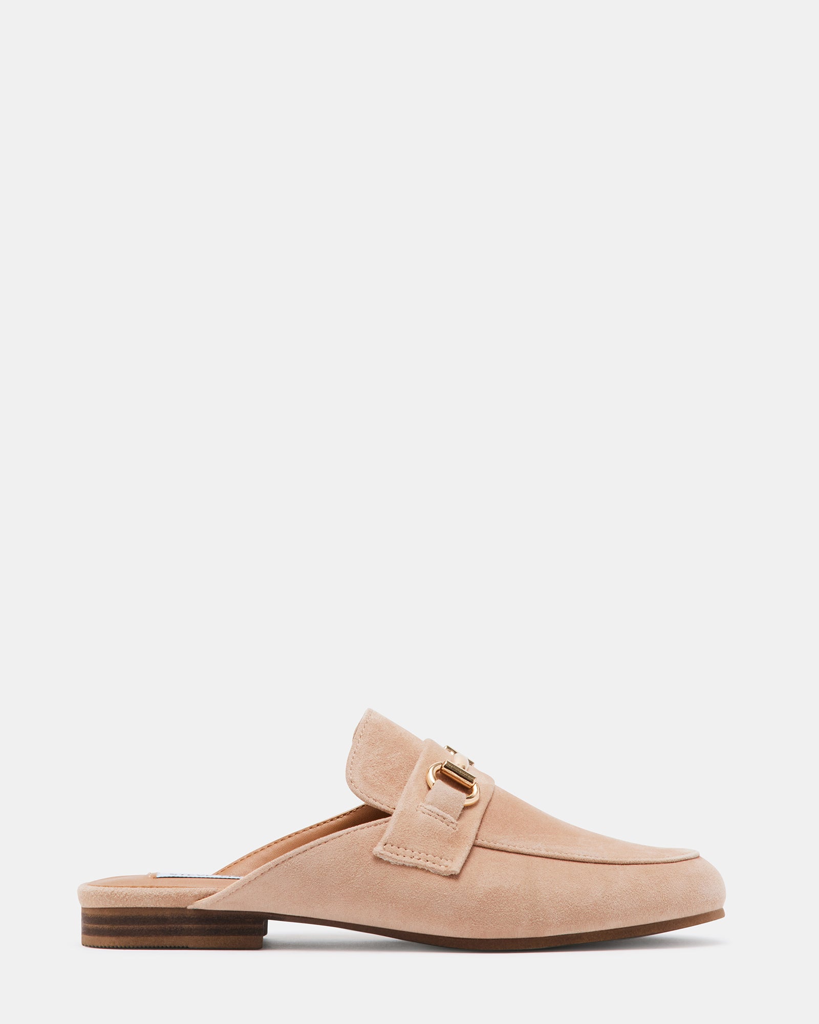 Side view of KANDI camel suede loafers with horsebit detail