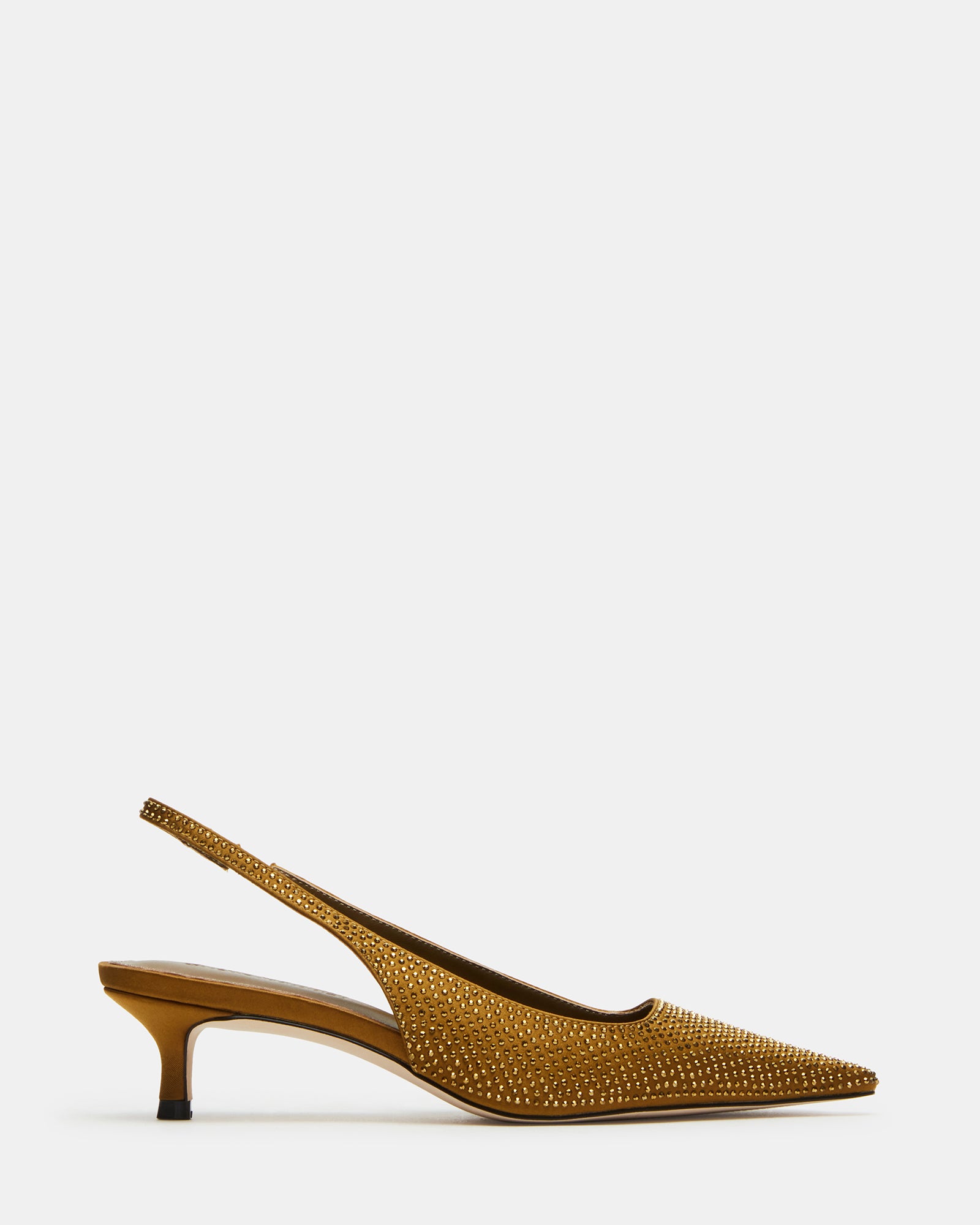 Elegant view of silver rhinestone slingback pumps showcasing the point toe design.