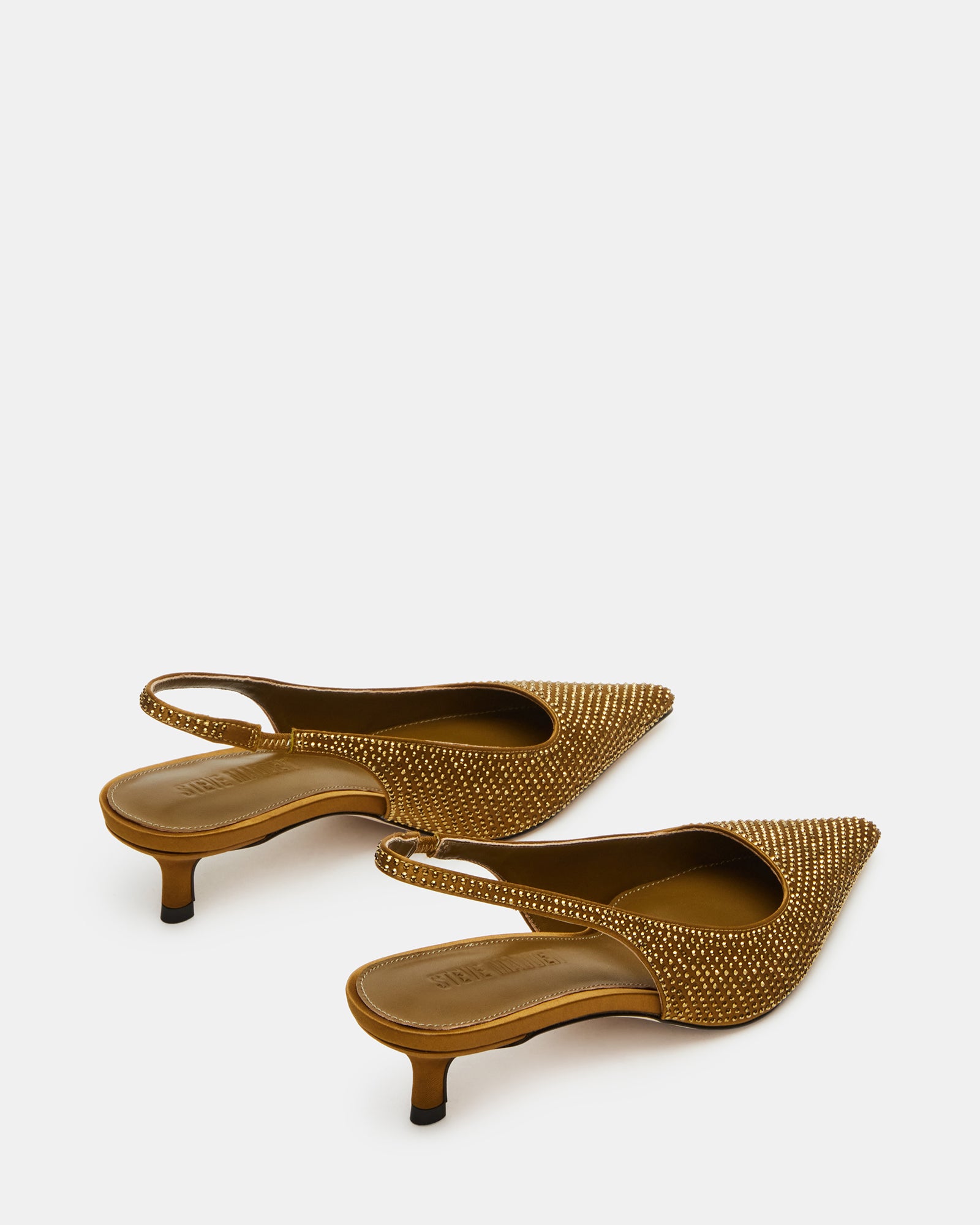 Side angle of black rhinestone heels highlighting the kitten heel and slingback strap.