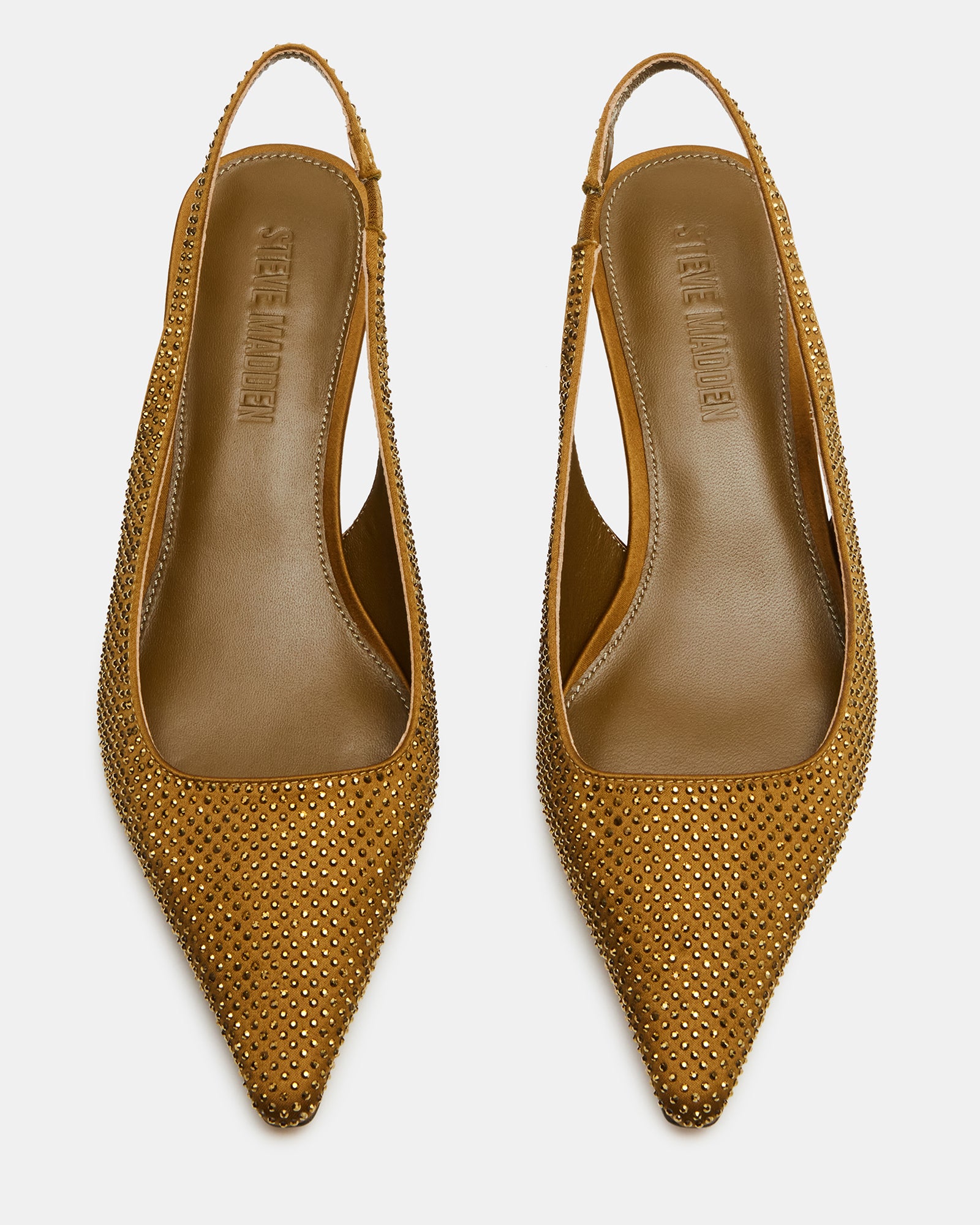 Elegant view of silver rhinestone slingback pumps showcasing the point toe design.