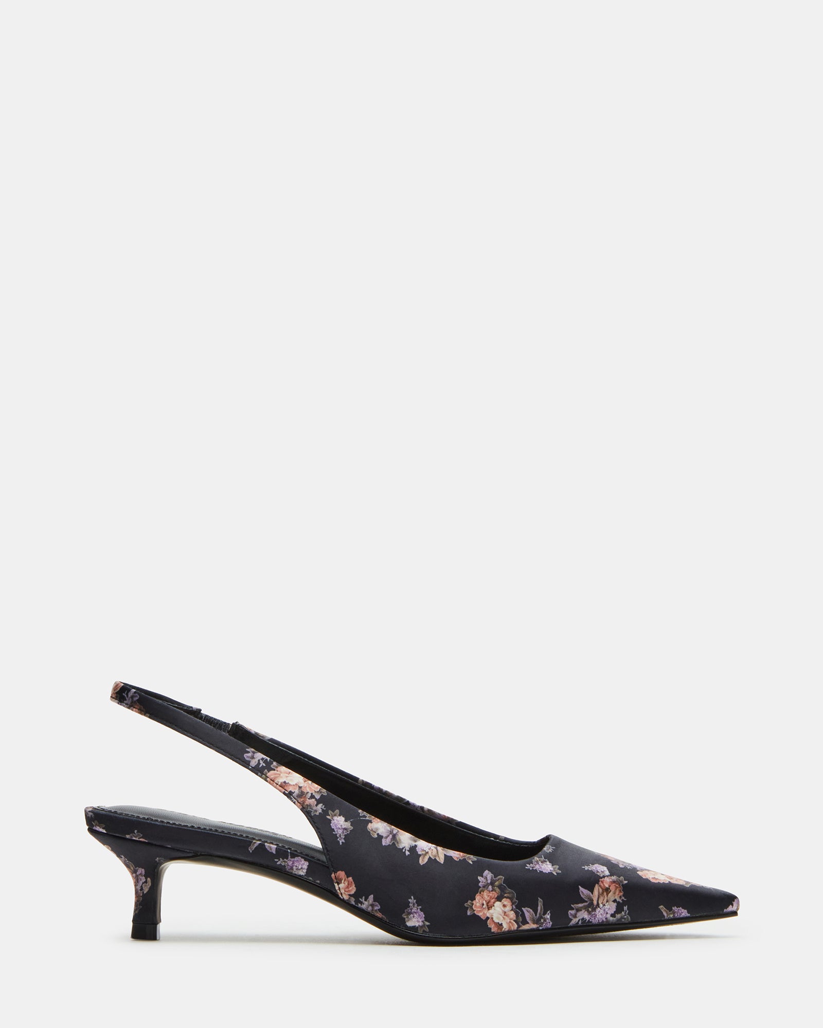 Side view of Kari Floral Multi kitten heel pumps showcasing the pointed toe and slingback.