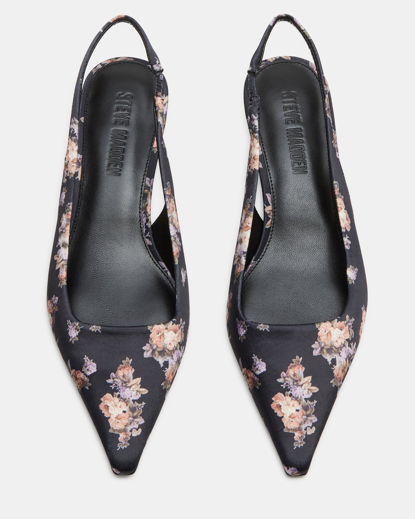 Side view of Kari Floral Multi kitten heel pumps showcasing the pointed toe and slingback.