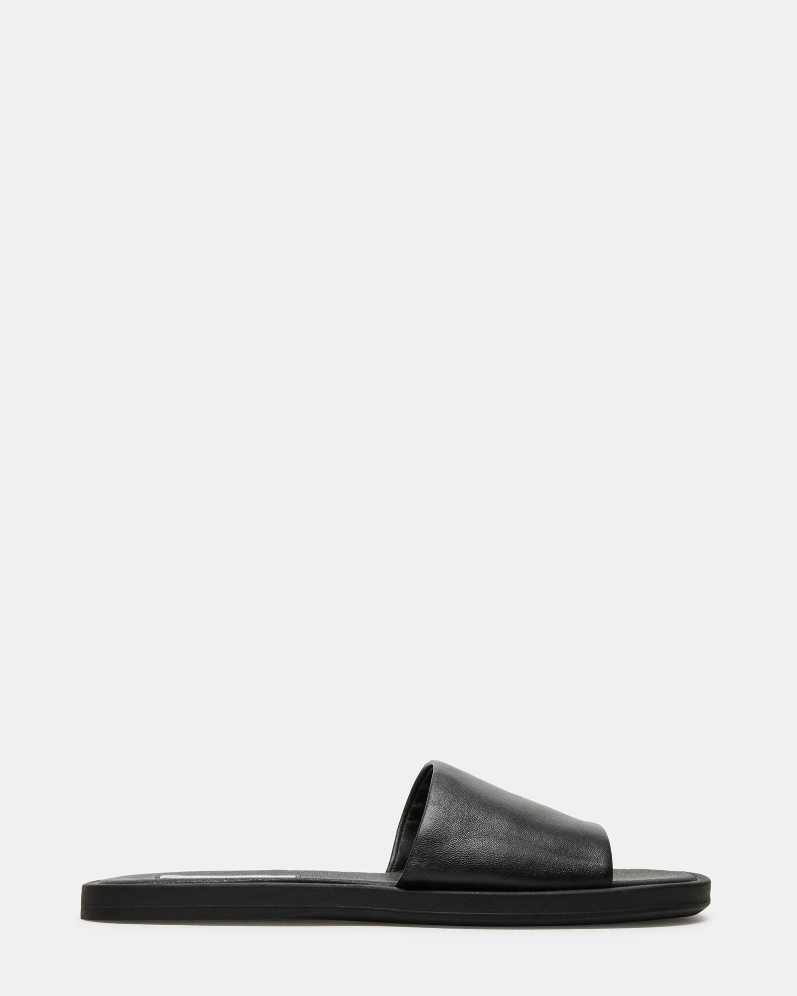 Stylish Kaya black leather slide sandals displayed on a white background.