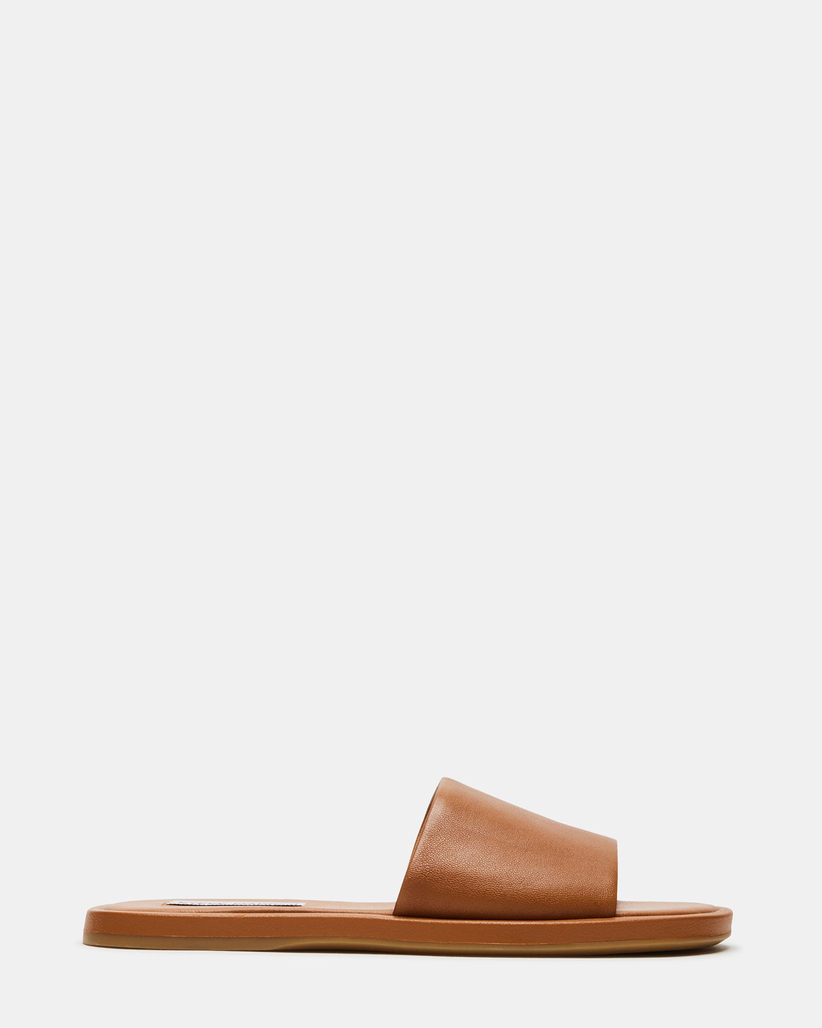 Brown leather slide sandals with wide straps, perfect for casual wear.