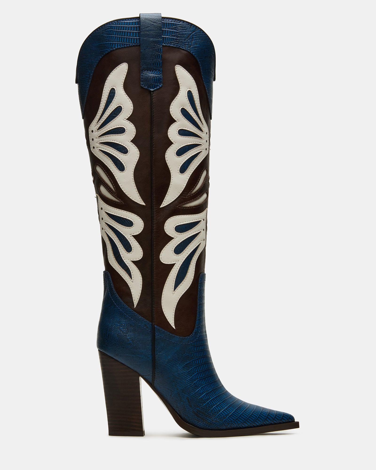 Close-up of KAZ women's western boots showcasing the pointed toe and blue/white leather detailing.