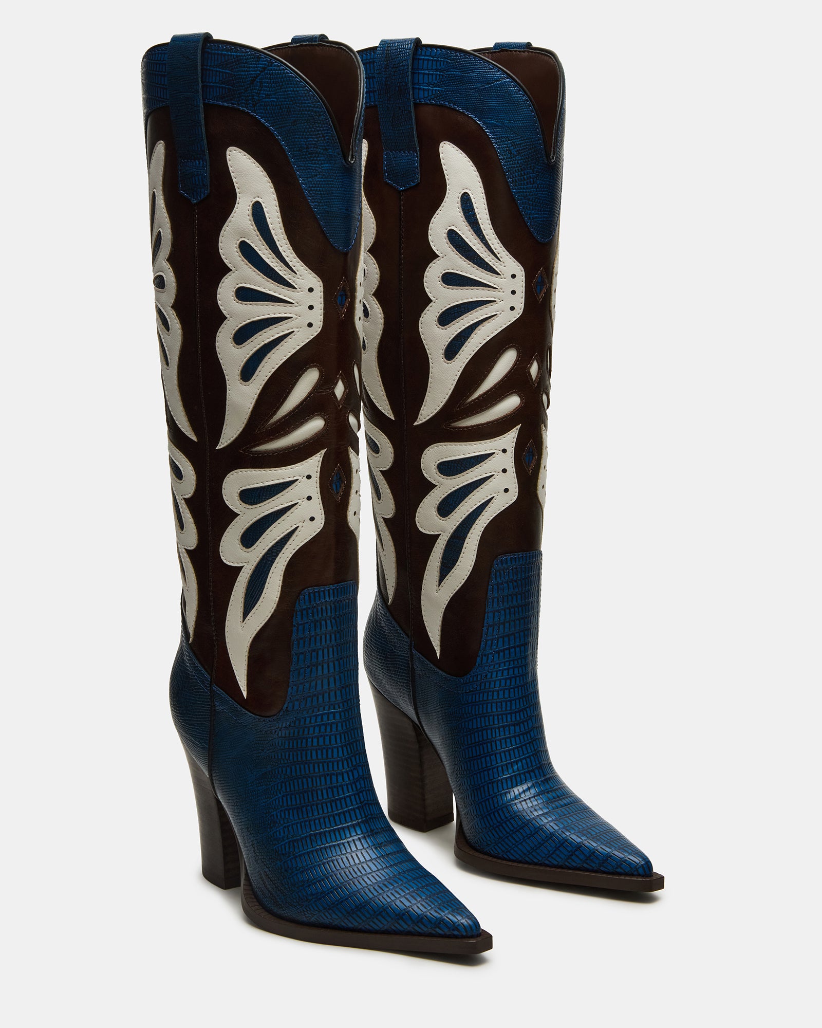 Side profile of KAZ cowboy boots highlighting the block heel and shaft height.