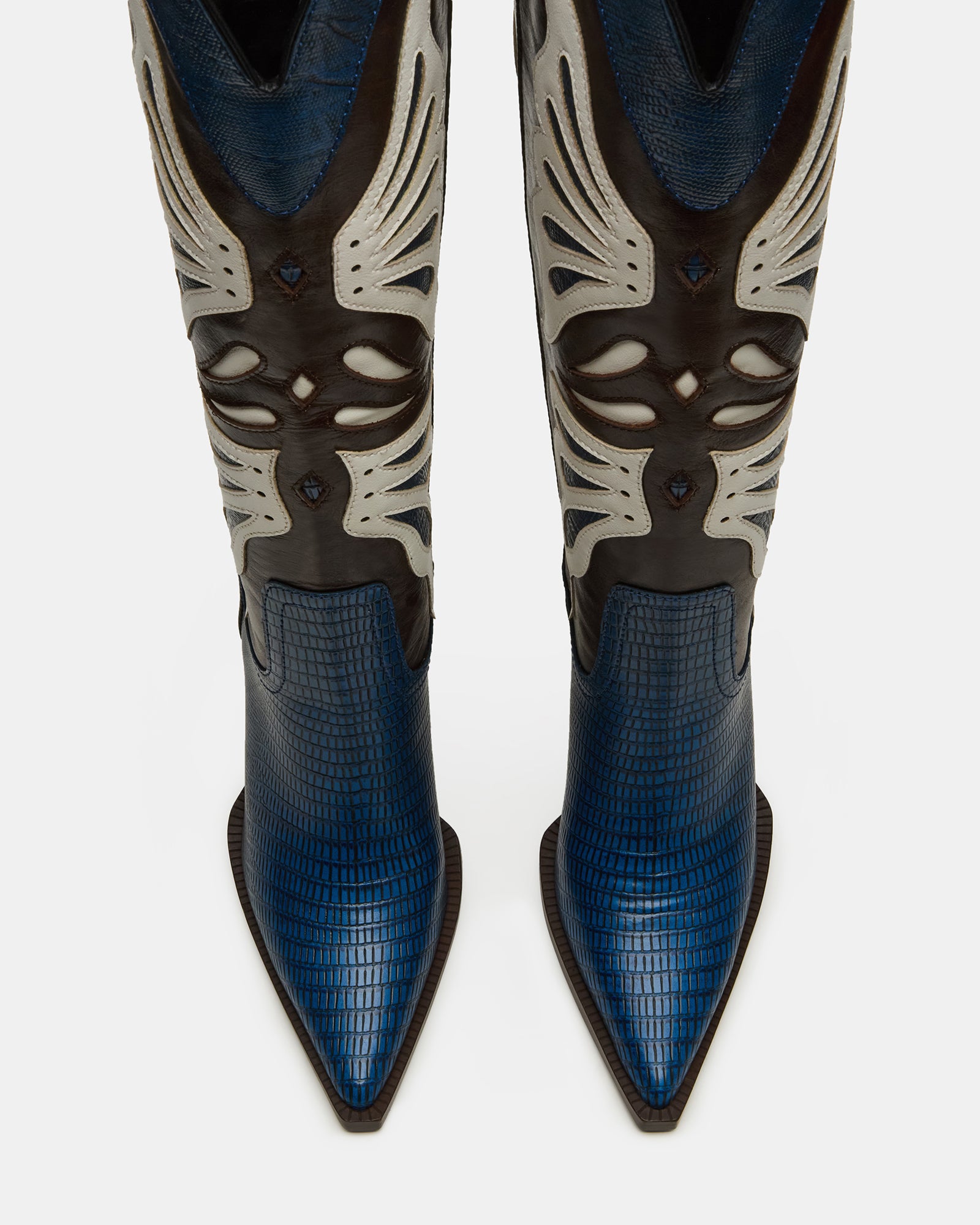 Close-up of KAZ womens western boots showcasing the pointed toe and blue/white leather detailing.