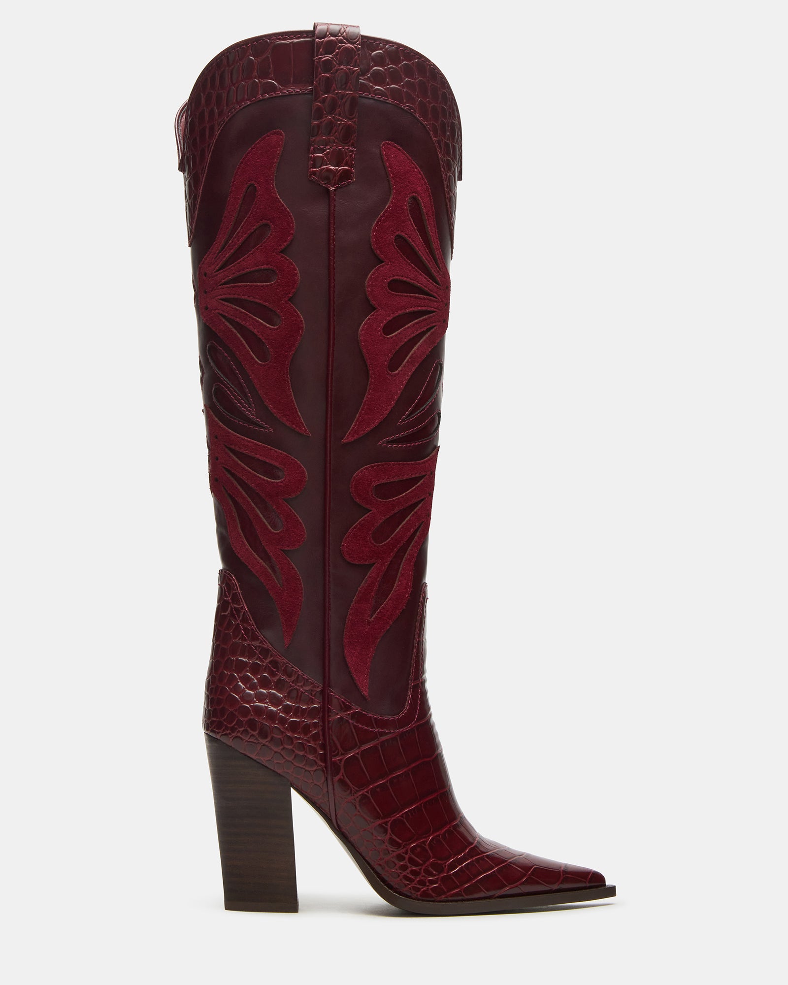 Front view of KAZ Burgundy knee-high boots with pointed toe and block heel