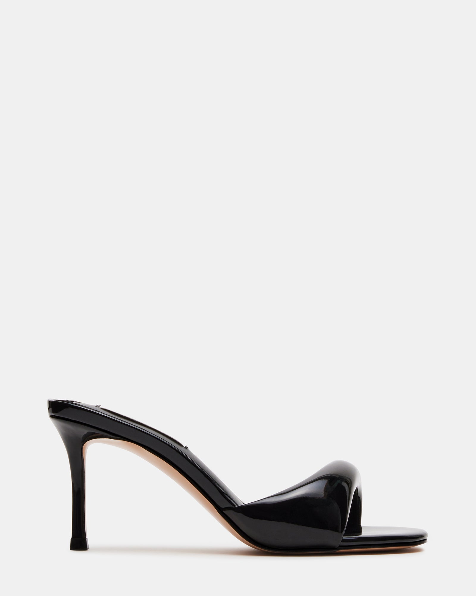 Side view of Kieran black high heel mules showcasing the bubble strap design.