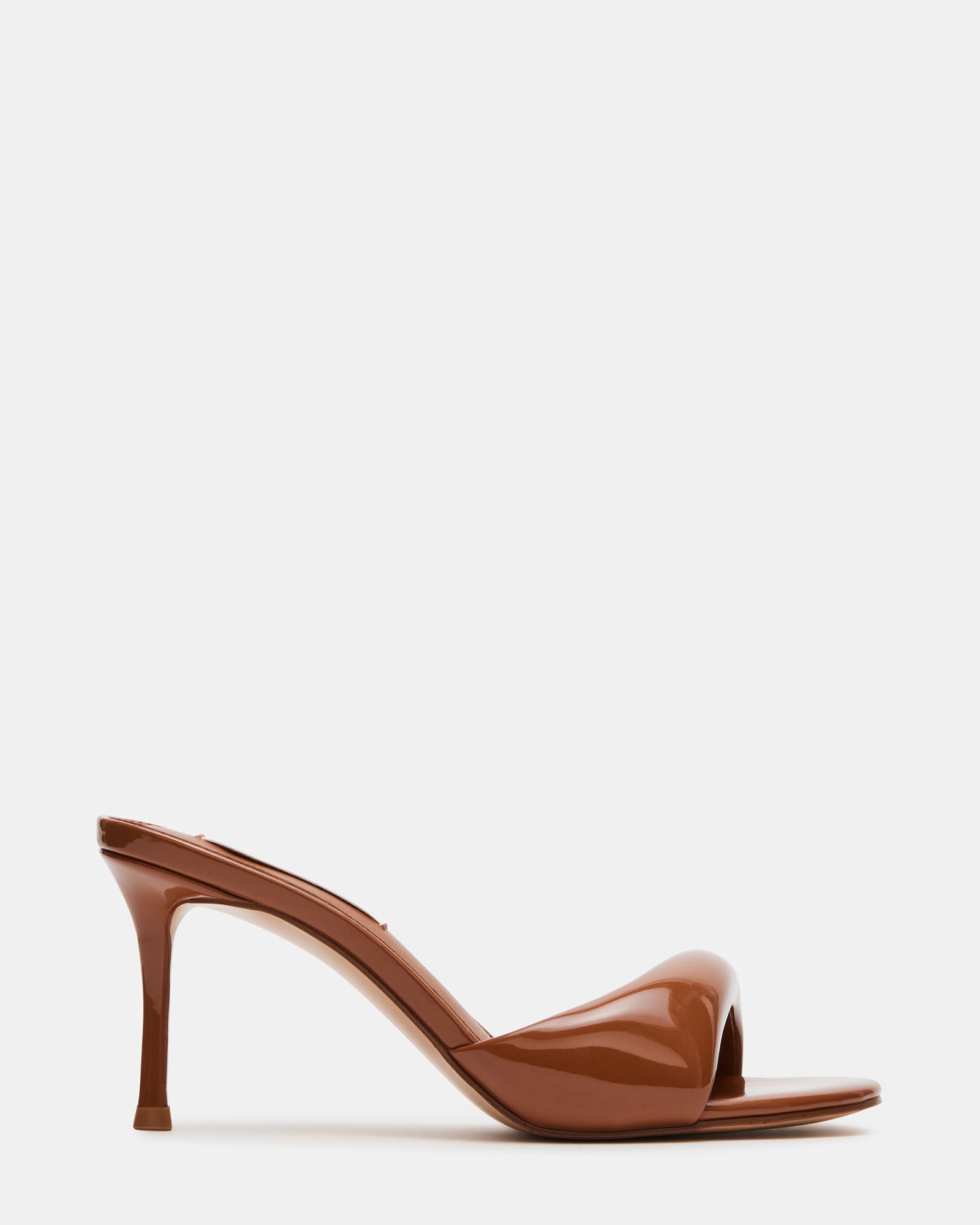Side view of camel patent high heel mules with bubble strap, perfect for stylish women's heels