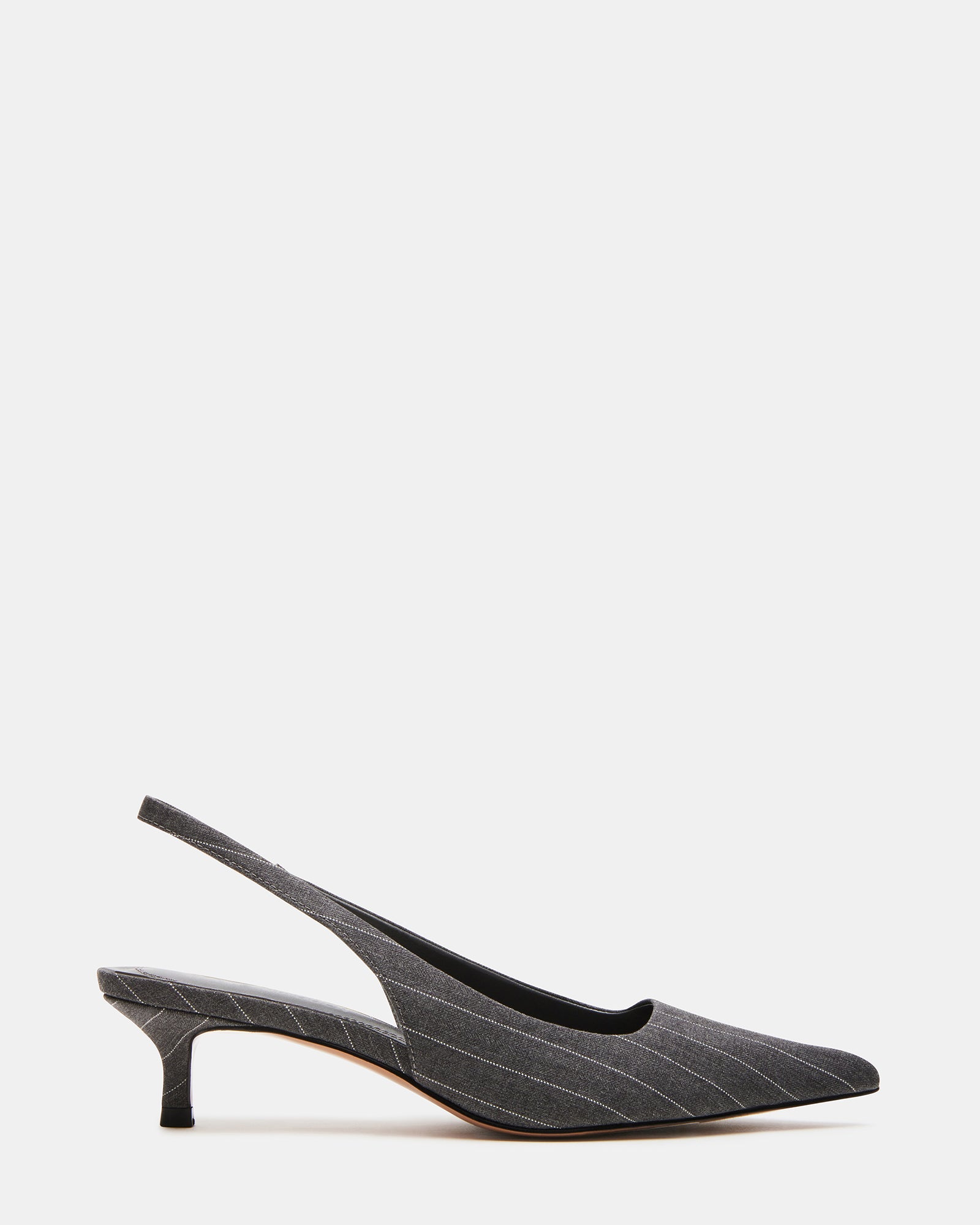 Side view of gray pinstripe pointed toe kitten heel pumps with slingback strap