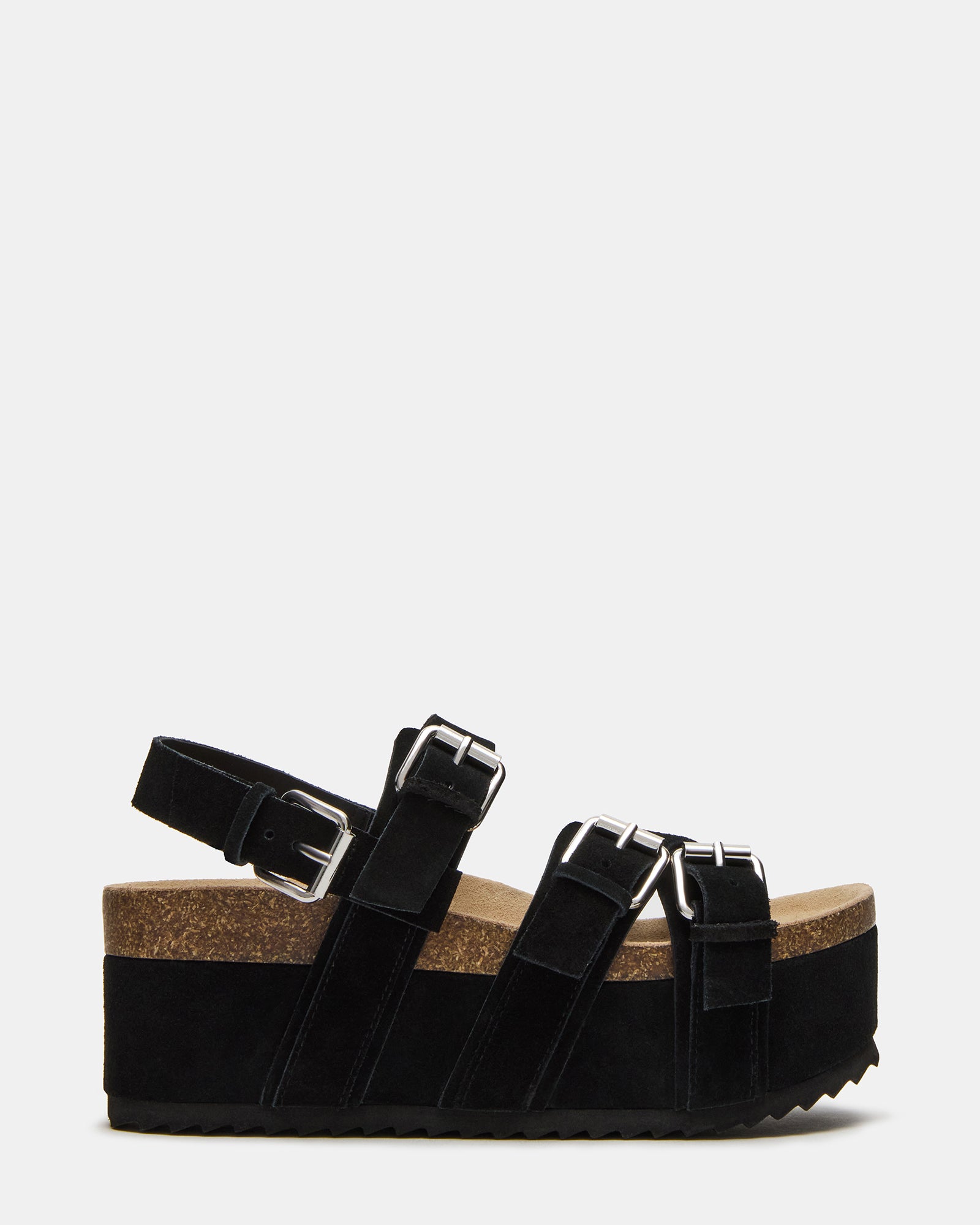 Front view of Kiwi black suede platform strappy sandals