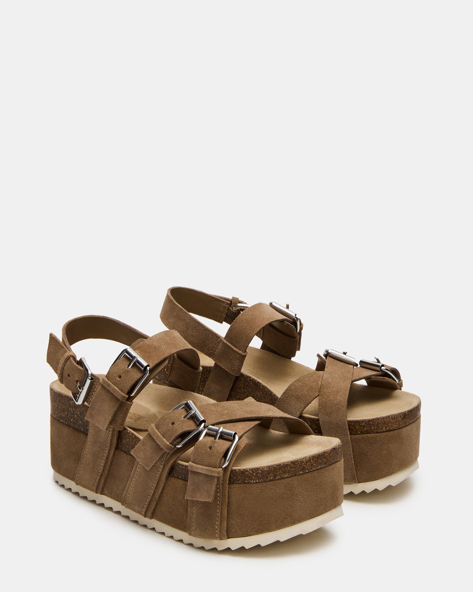 Close-up of KIWI platform sandals showing heel height and footbed texture