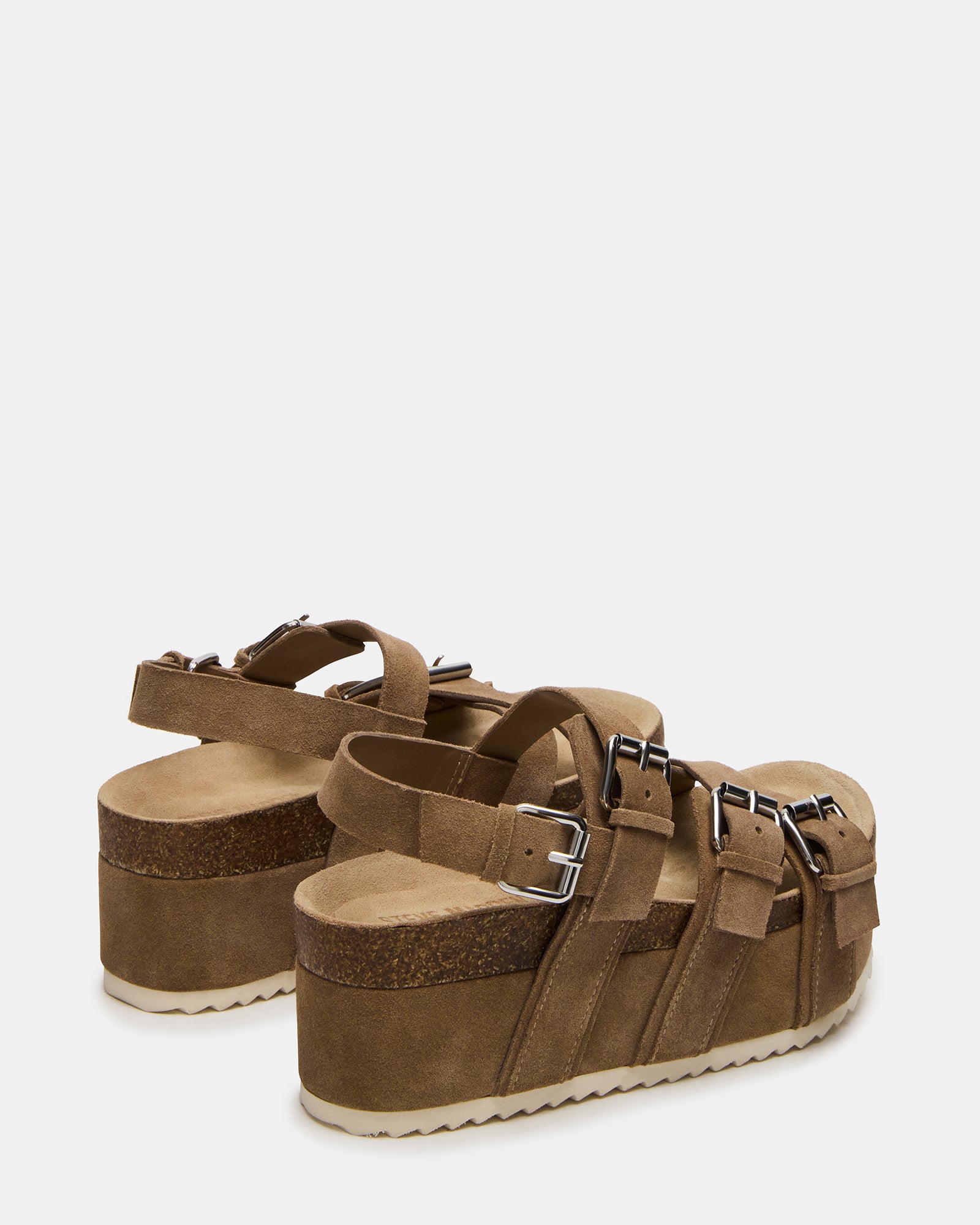 Close-up of KIWI platform sandals showing heel height and footbed texture