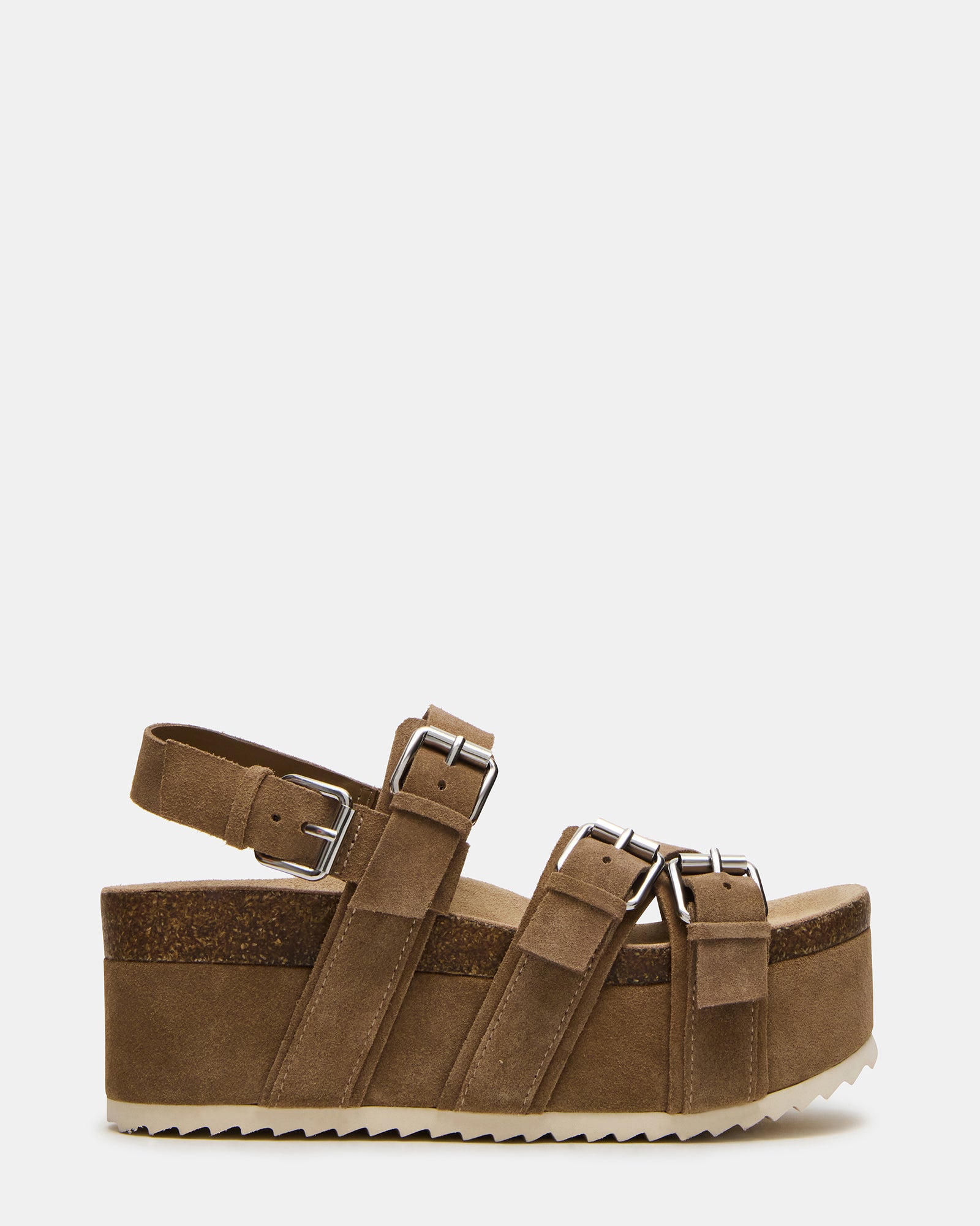 Side view of strappy flatform sandals with suede upper and buckle detail
