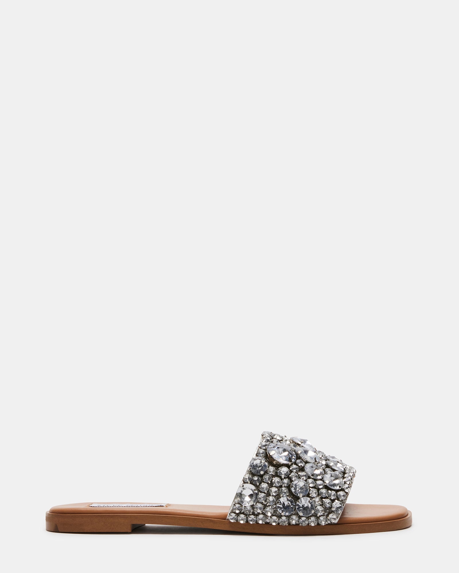 Close-up of black rhinestone sandals showing sparkling details