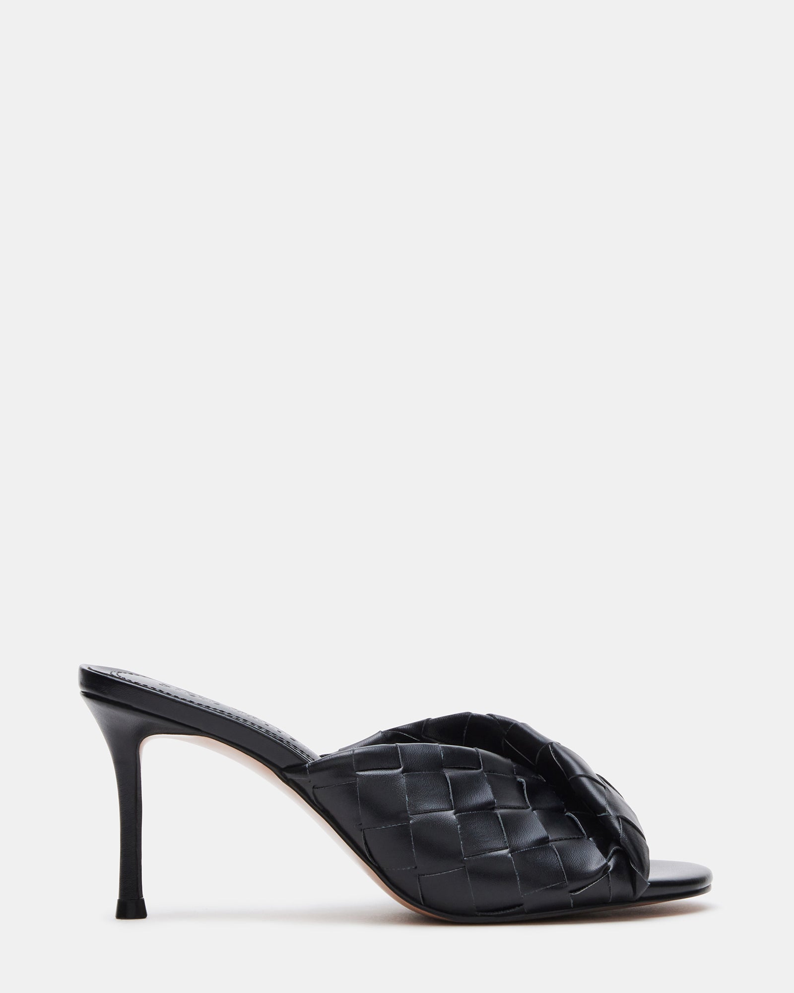 Side view of KOUTURE BLACK stiletto mule with rounded toe and 3.25-inch heel