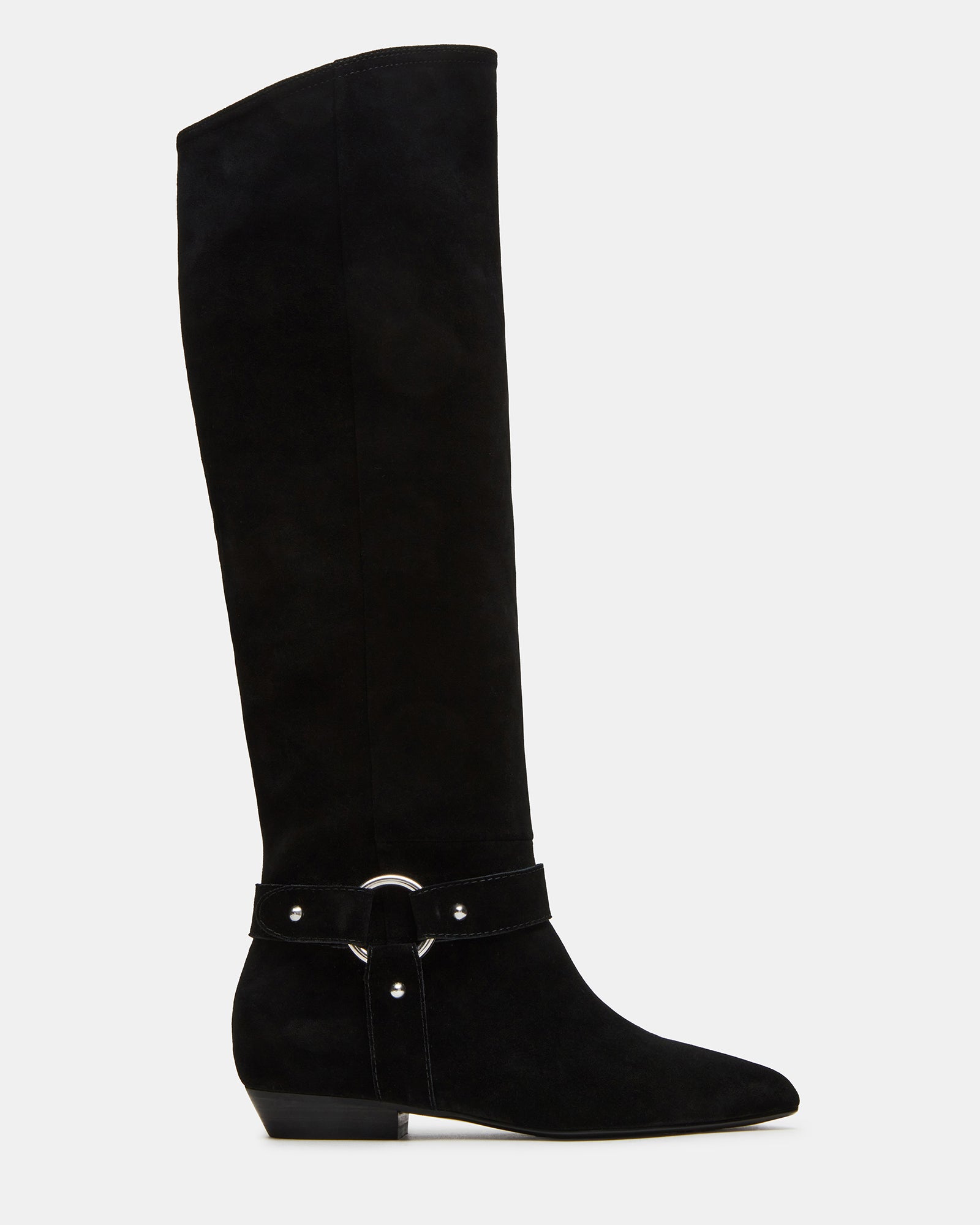 Black suede knee-high boots showcasing pointed toe style.