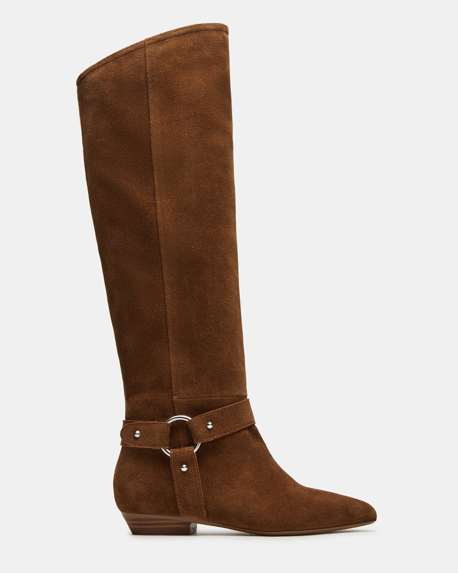 KROSBY chestnut brown suede knee-high boots paired with jeans