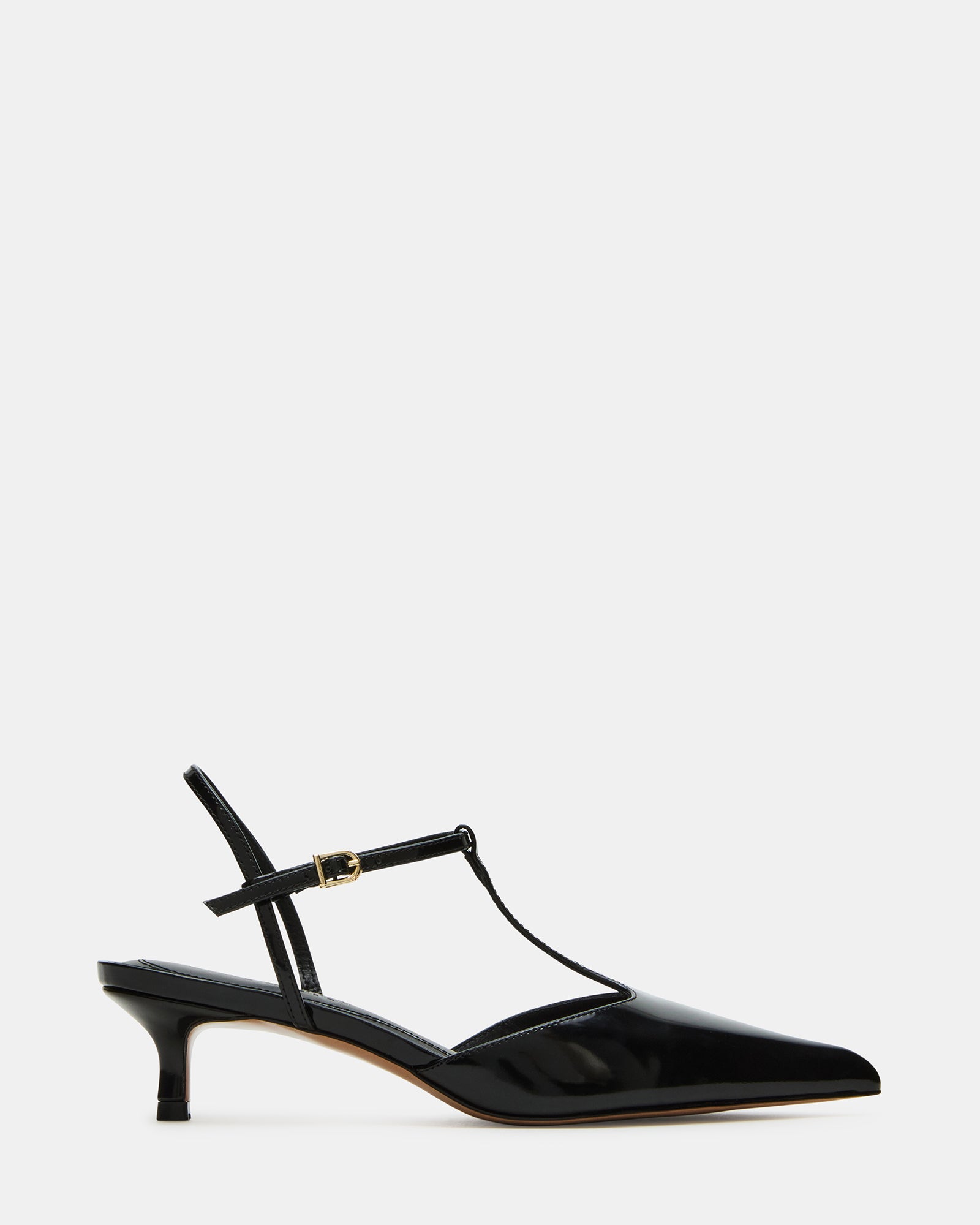 Side view of Kyrie black leather pointed toe heels with ankle strap for a stylish look