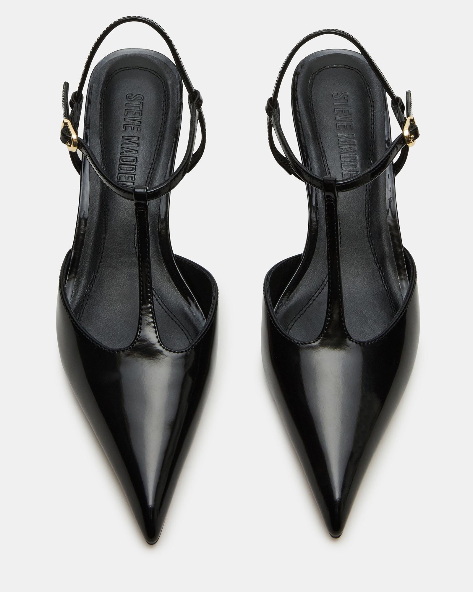 Side view of Kyrie black leather pointed toe heels with ankle strap for a stylish look