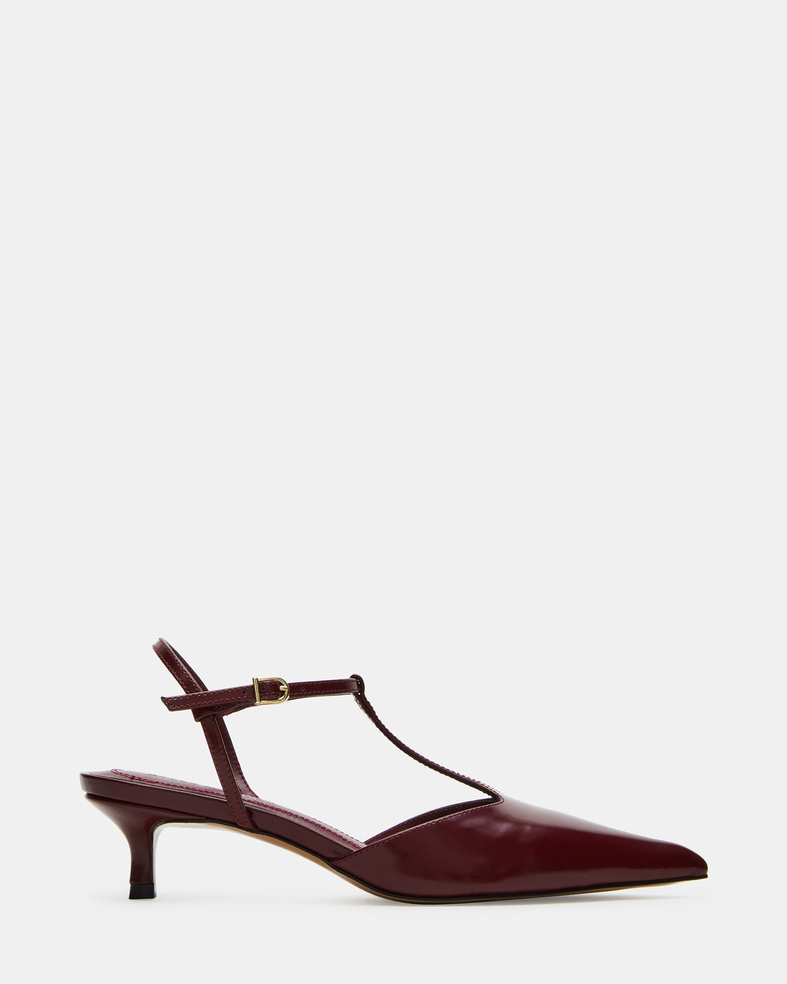 Side view of KYRIE heels highlighting ankle strap and wine leather finish