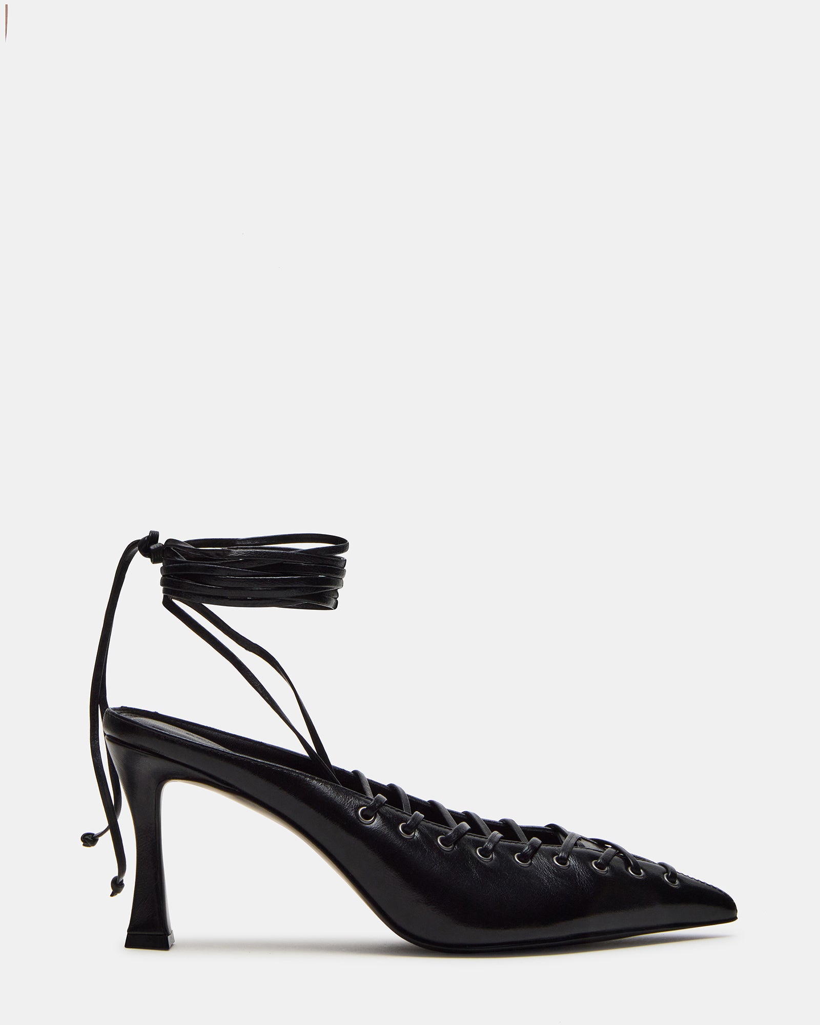 Lucelle black strappy heels side view, showcasing leather texture.