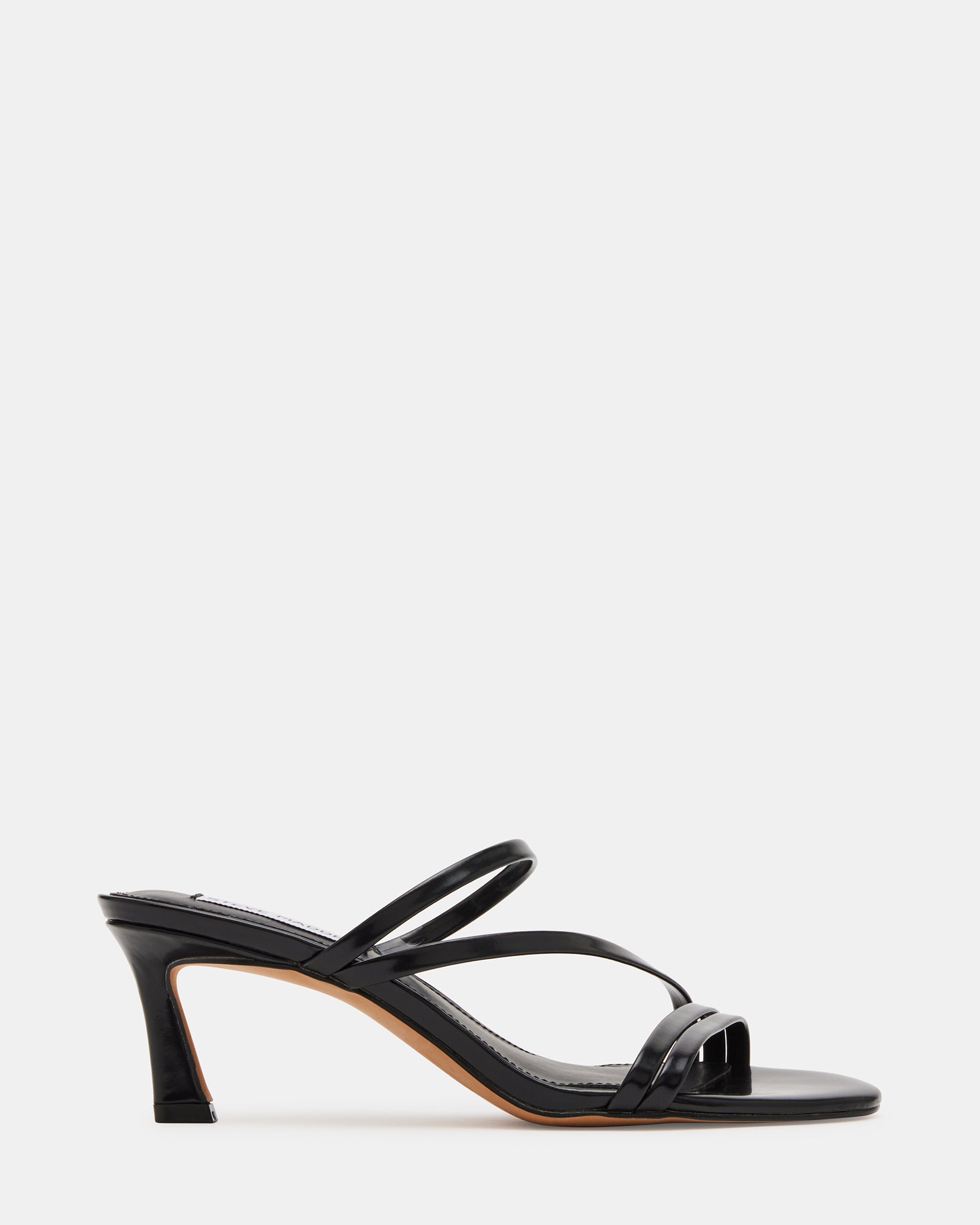 Lamora Black Leather Mules front view, showcasing strappy design