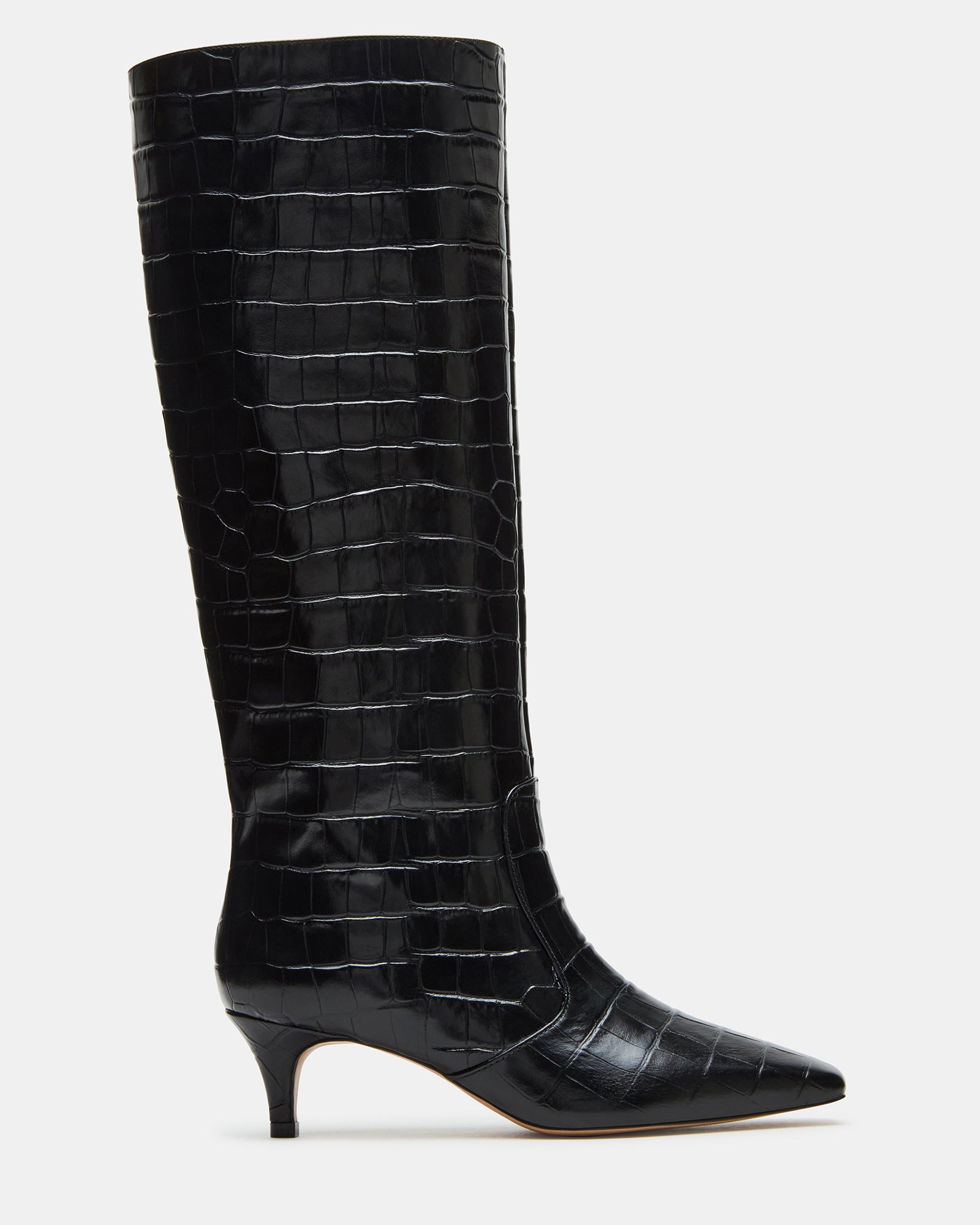 Angled view of black square toe knee high boots with a kitten heel.