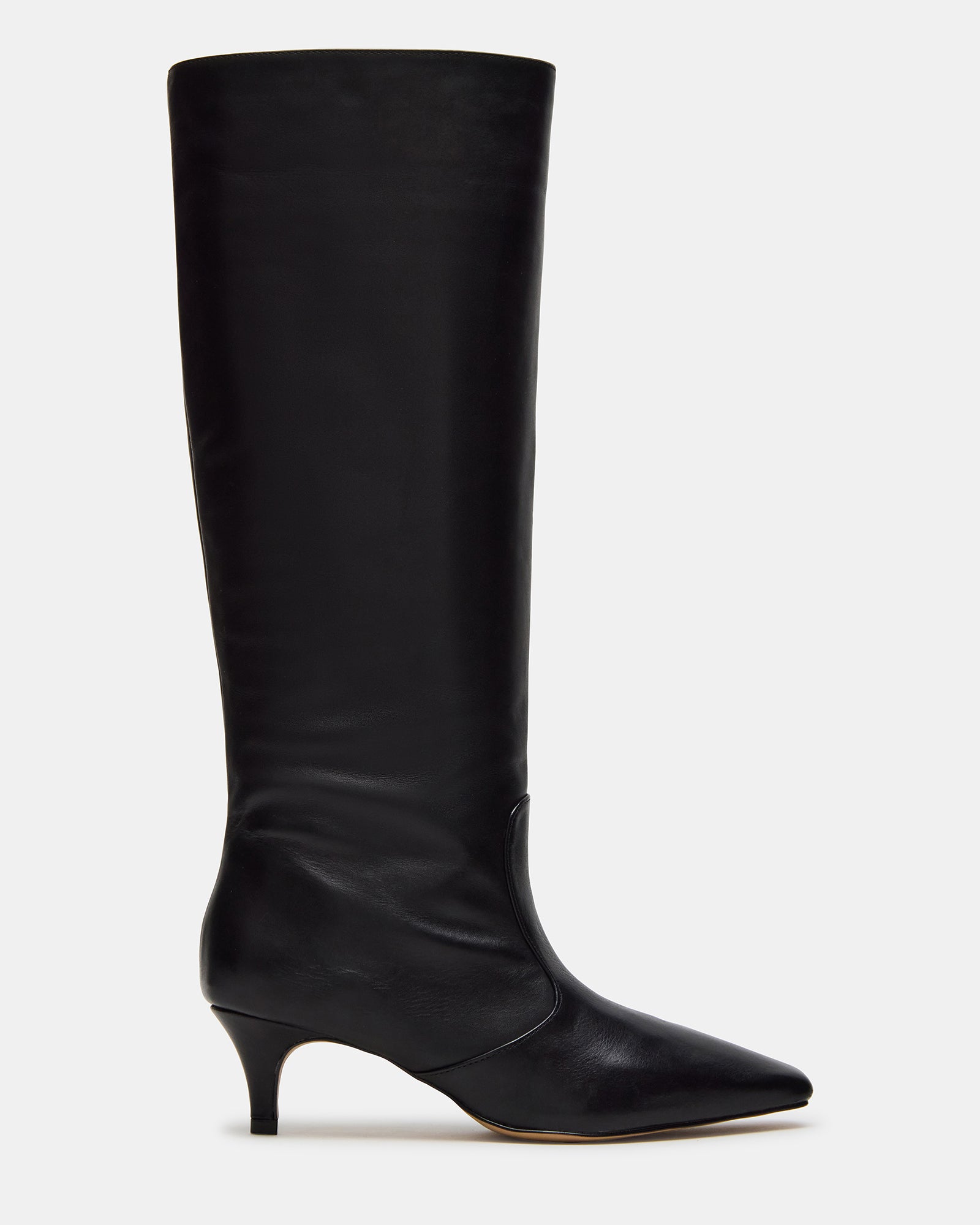 Black leather knee-high boots from the side, showcasing the kitten heel.